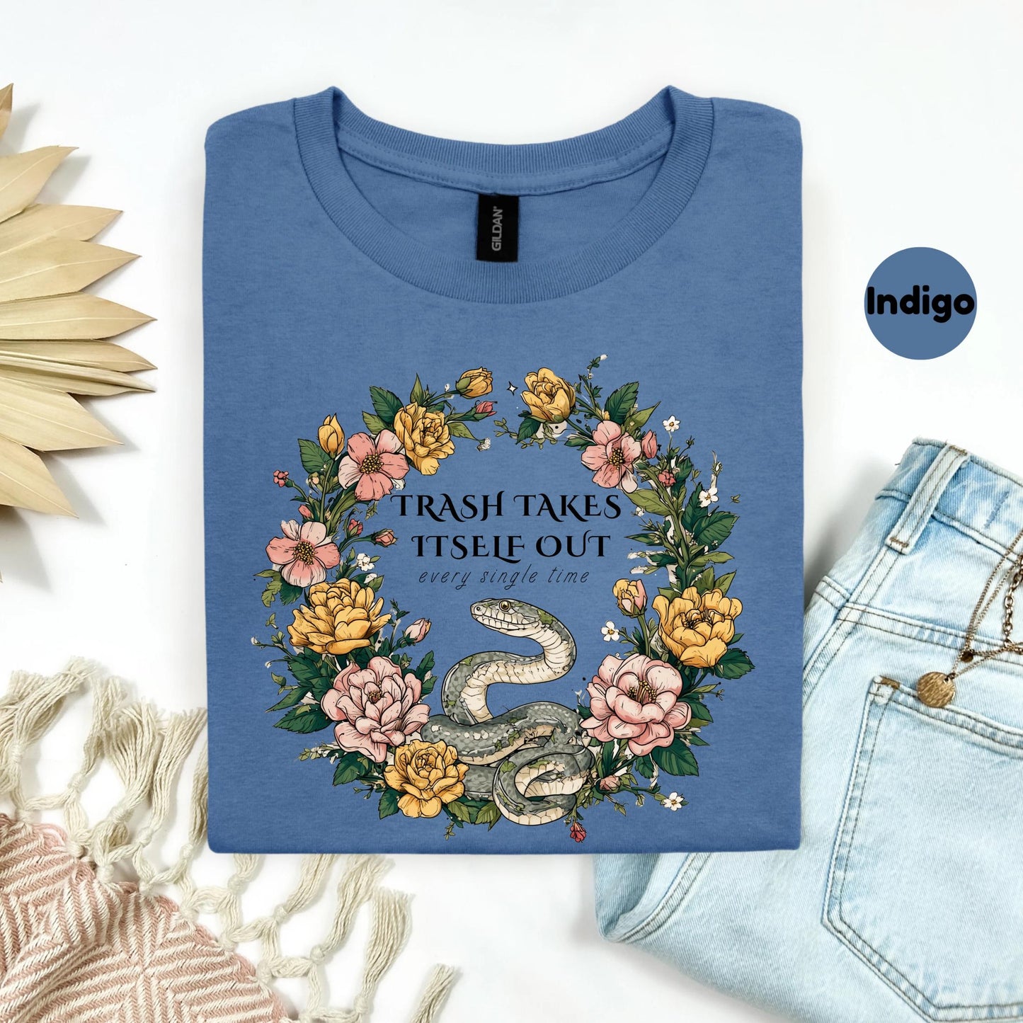 Funny Snake Shirt Trash Takes Itself Out Tee, Floral Sarcastic Quote Gift, Sassy Graphic T-Shirt for Best Friends AA17