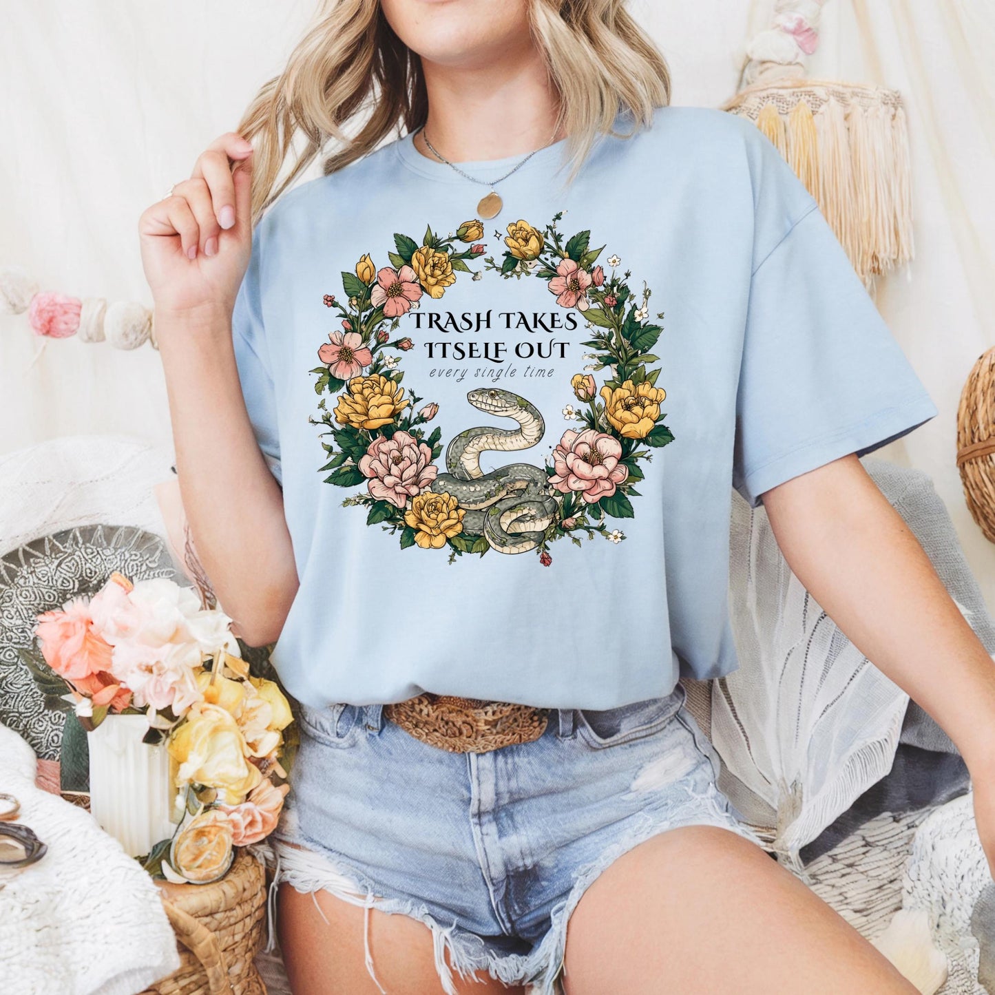 Funny Snake Shirt Trash Takes Itself Out Tee, Floral Sarcastic Quote Gift, Sassy Graphic T-Shirt for Best Friends AA17