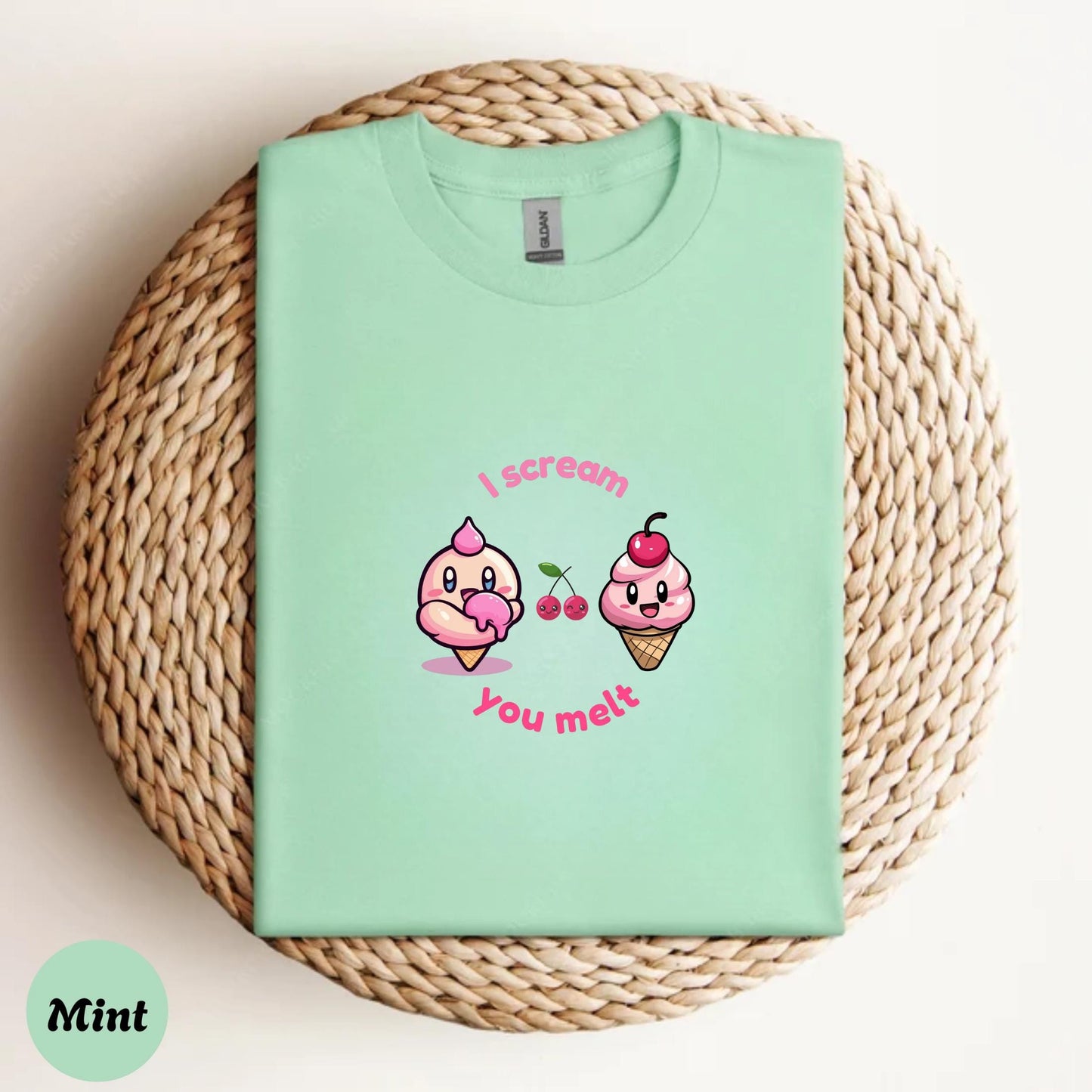 Kawaii Ice Cream T-Shirt, I Scream You Melt Cute Pun Shirt, Soft Girl Aesthetic Tee, Funny Dessert Top, Cherry Foodie Gift for Her