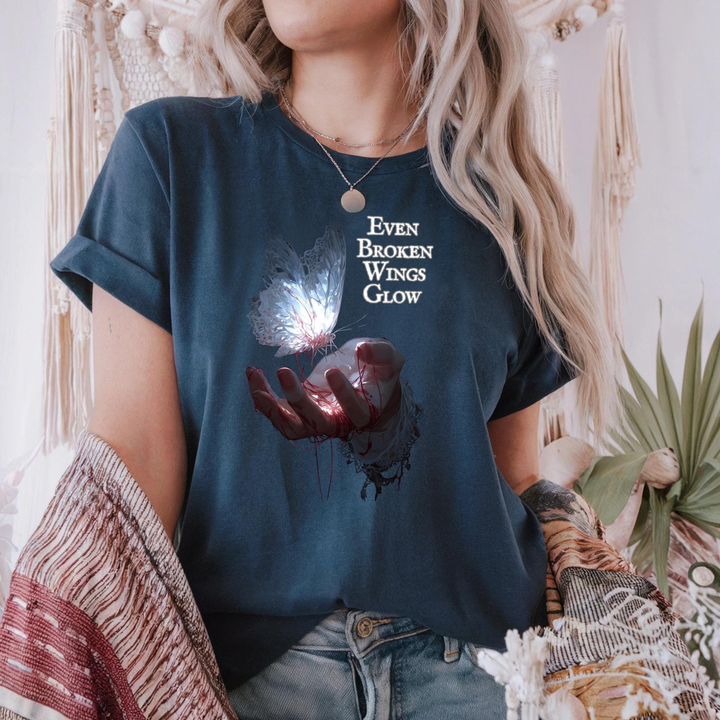 Empowering Butterfly Shirt for Healing, Broken Wings Glow Graphic Tee, Aesthetic Mental Health Gift for Her Him AA44
