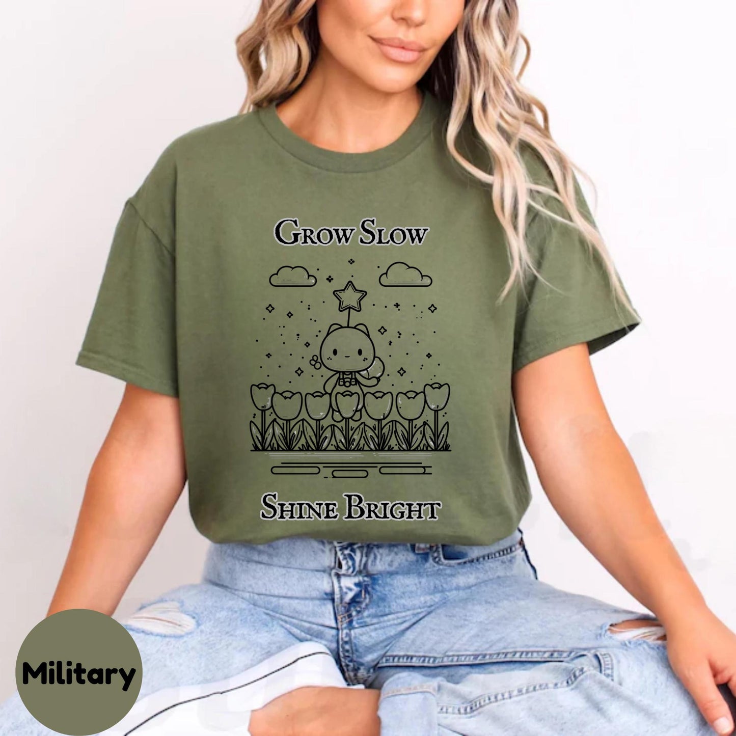 Grow Slow Shine Bright Shirt, Soft Encouragement Tee, Tulip Cat Garden Quote Graphic T Shirt for Positivity AA48