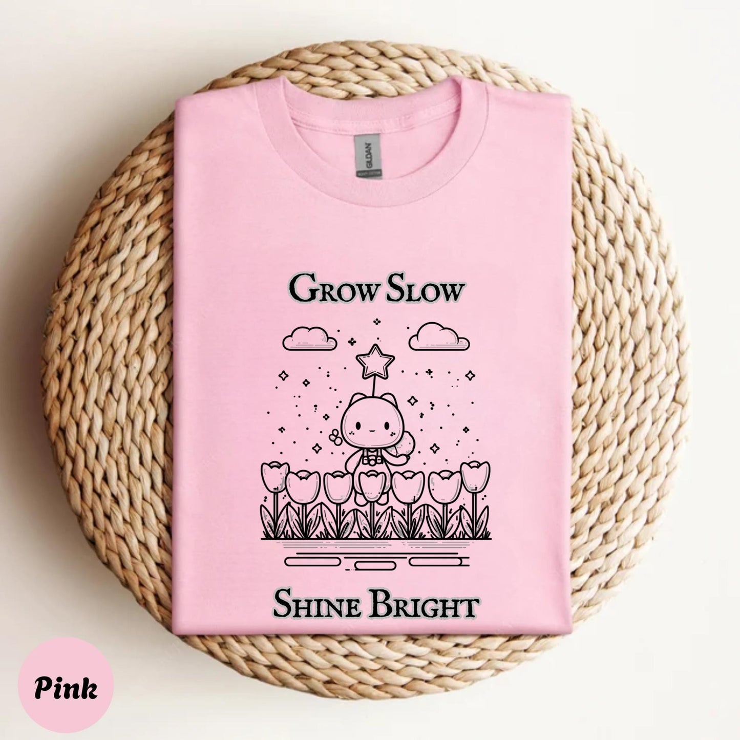 Grow Slow Shine Bright Shirt, Soft Encouragement Tee, Tulip Cat Garden Quote Graphic T Shirt for Positivity AA48