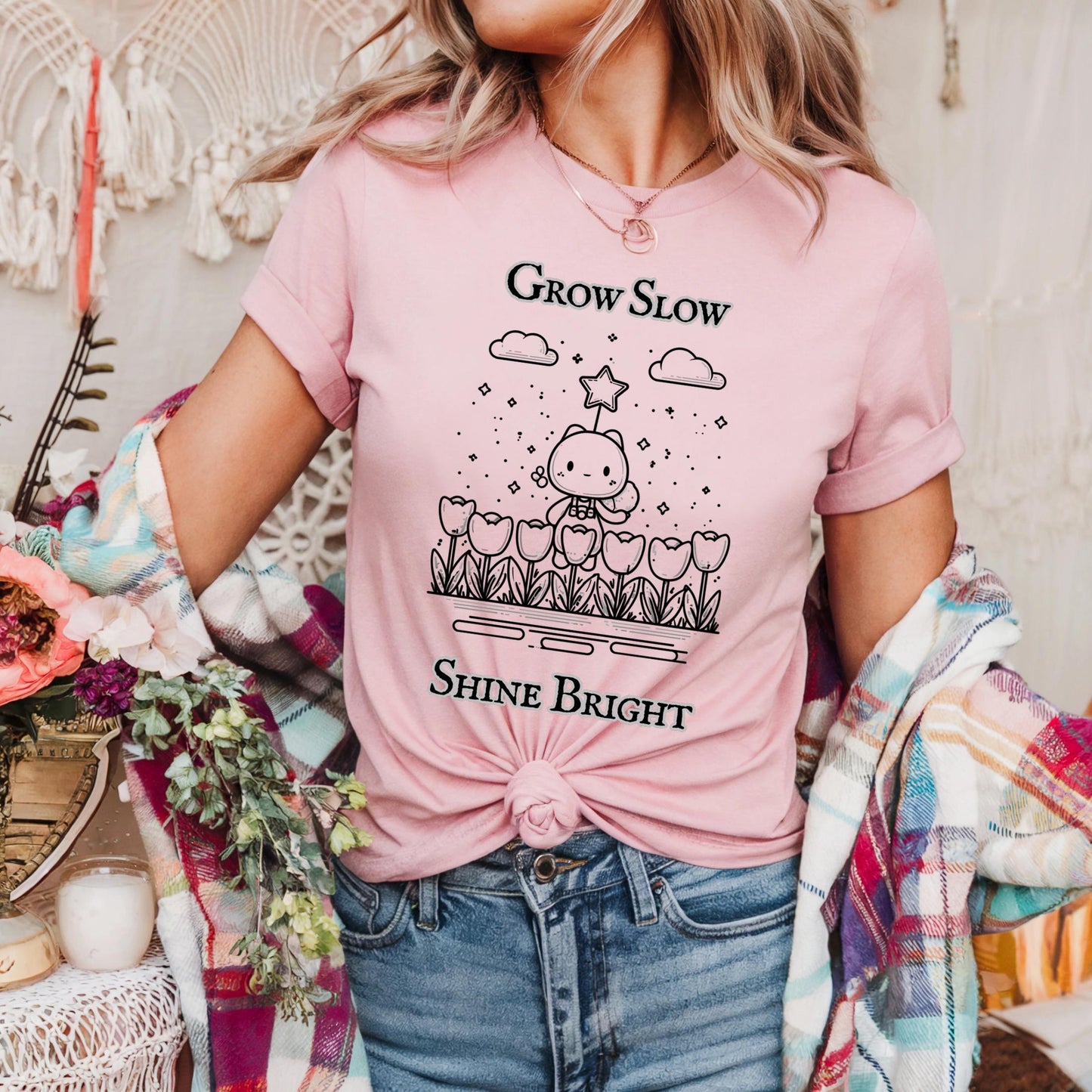 Grow Slow Shine Bright Shirt, Soft Encouragement Tee, Tulip Cat Garden Quote Graphic T Shirt for Positivity AA48
