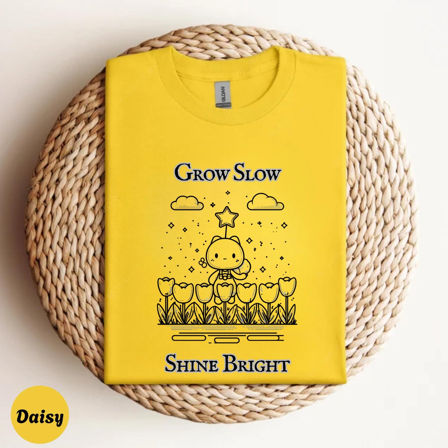 Grow Slow Shine Bright Shirt, Soft Encouragement Tee, Tulip Cat Garden Quote Graphic T Shirt for Positivity AA48