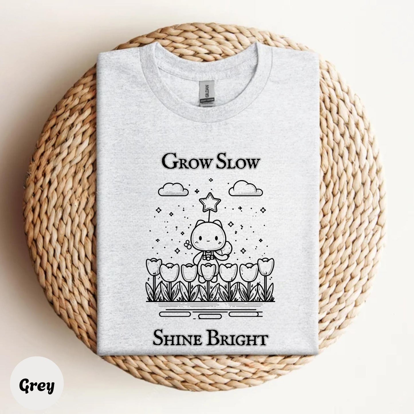 Grow Slow Shine Bright Shirt, Soft Encouragement Tee, Tulip Cat Garden Quote Graphic T Shirt for Positivity AA48