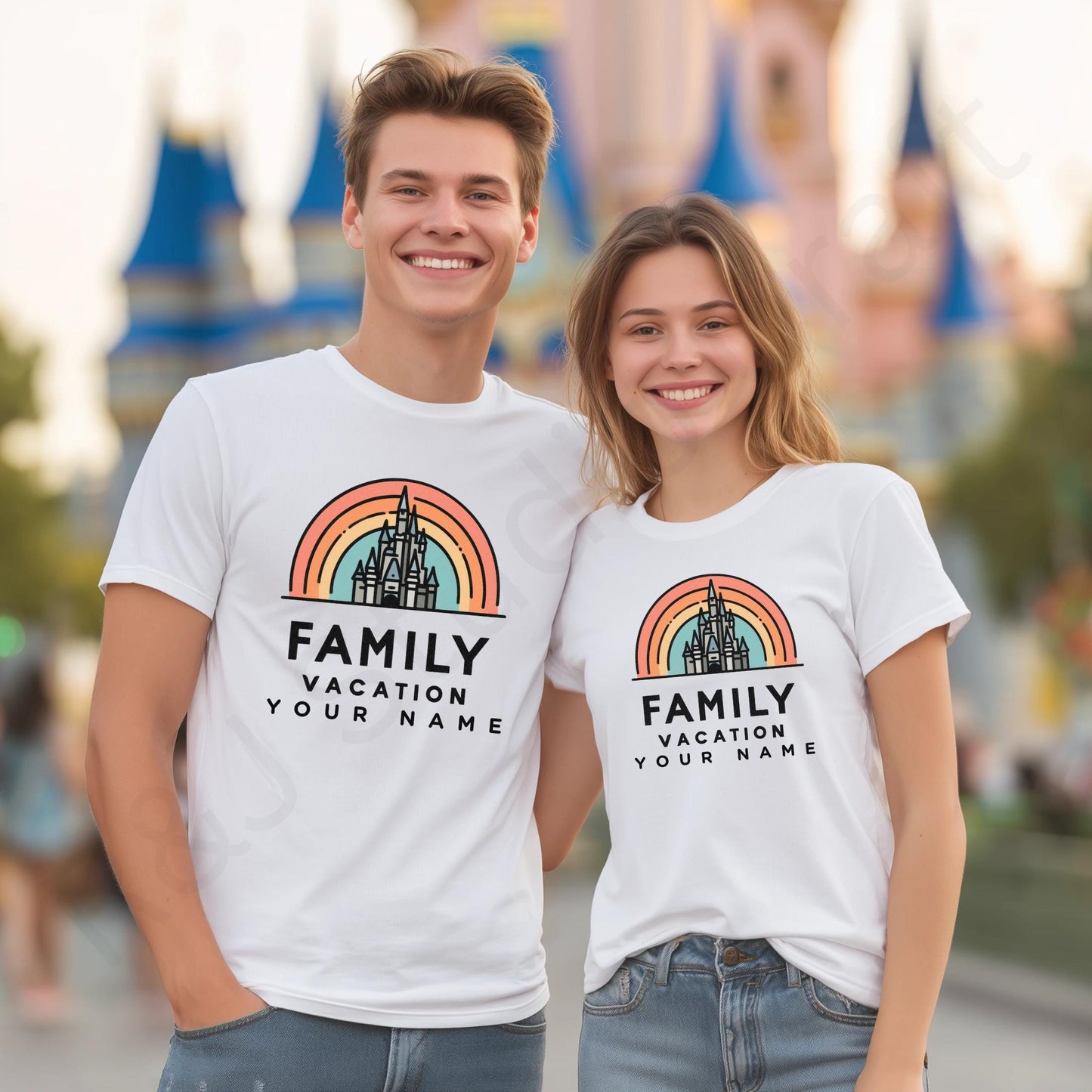 Custom Family Vacation Shirt with Castle, Retro Rainbow Matching Tees, Personalized Park Trip Outfits for Kids and Parents AA52