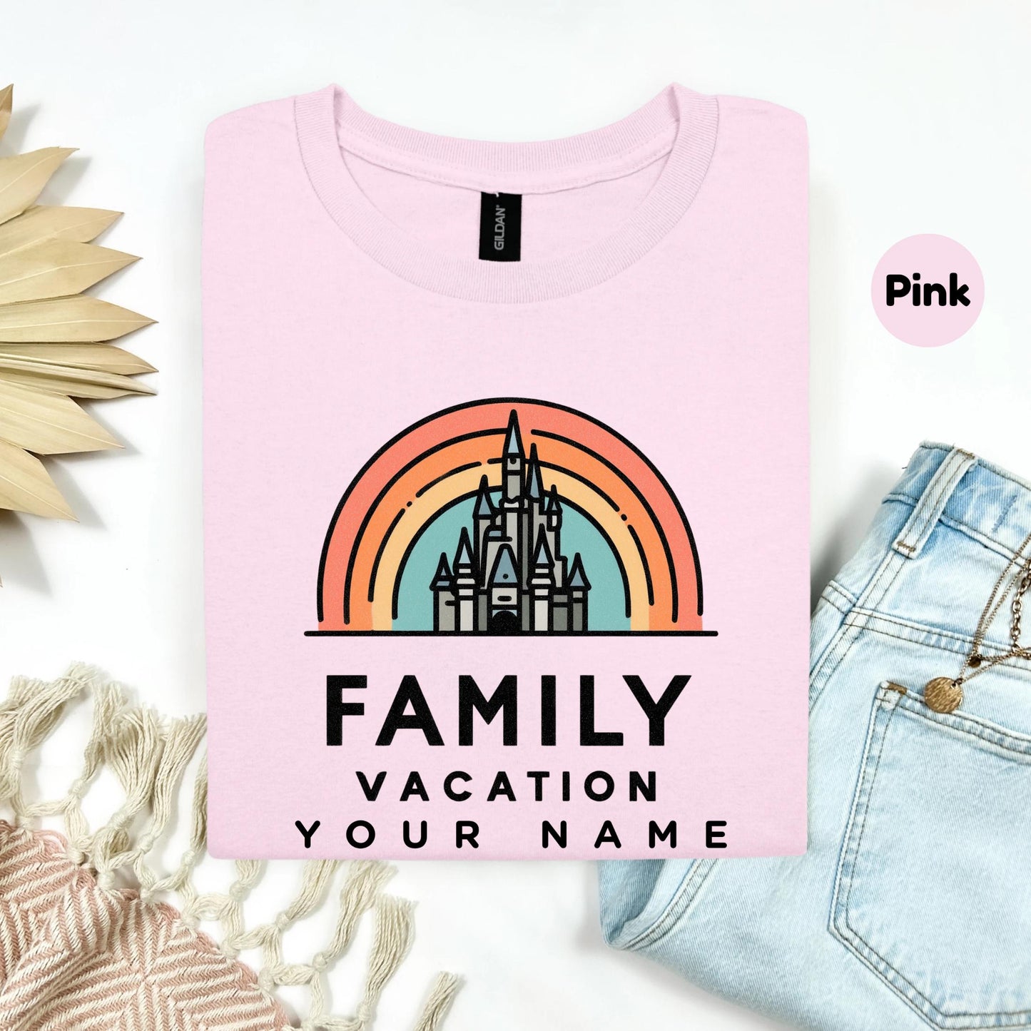 Custom Family Vacation Shirt with Castle, Retro Rainbow Matching Tees, Personalized Park Trip Outfits for Kids and Parents AA52