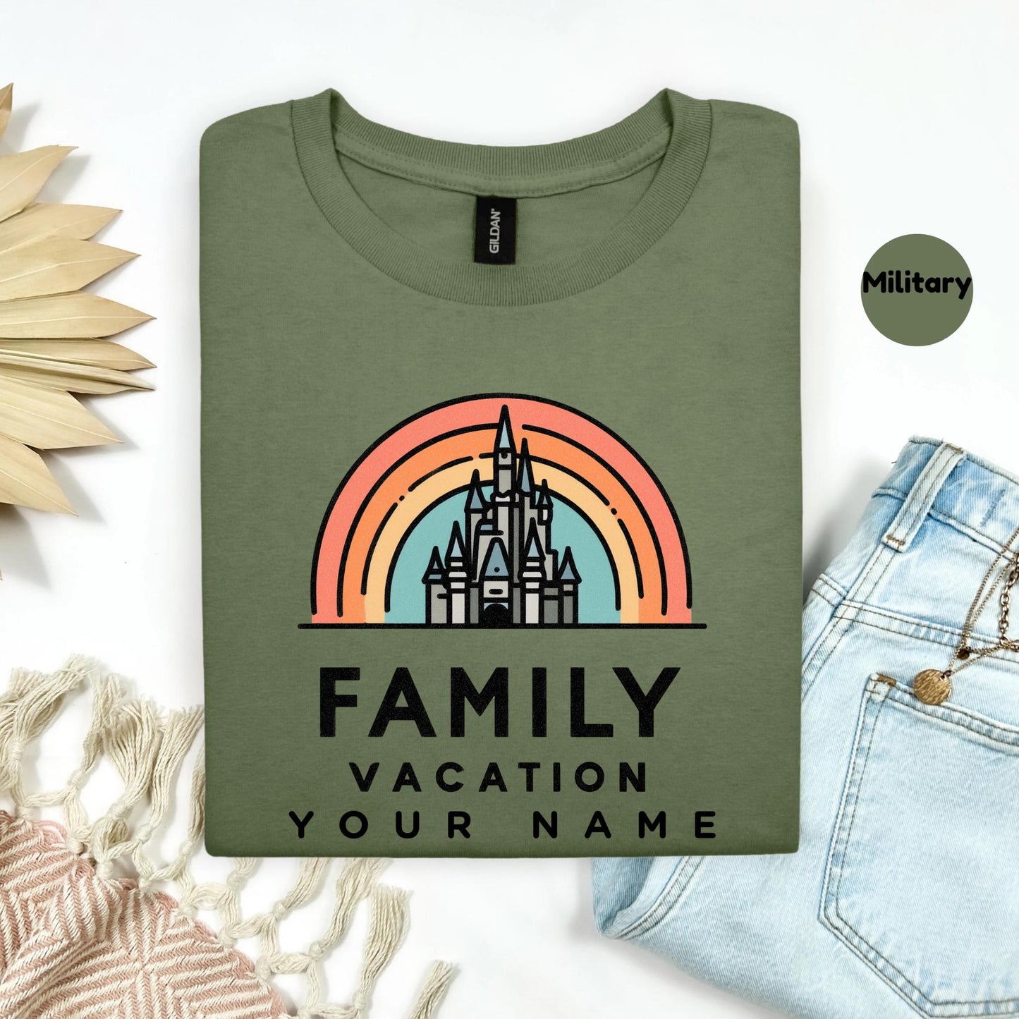 Custom Family Vacation Shirt with Castle, Retro Rainbow Matching Tees, Personalized Park Trip Outfits for Kids and Parents AA52