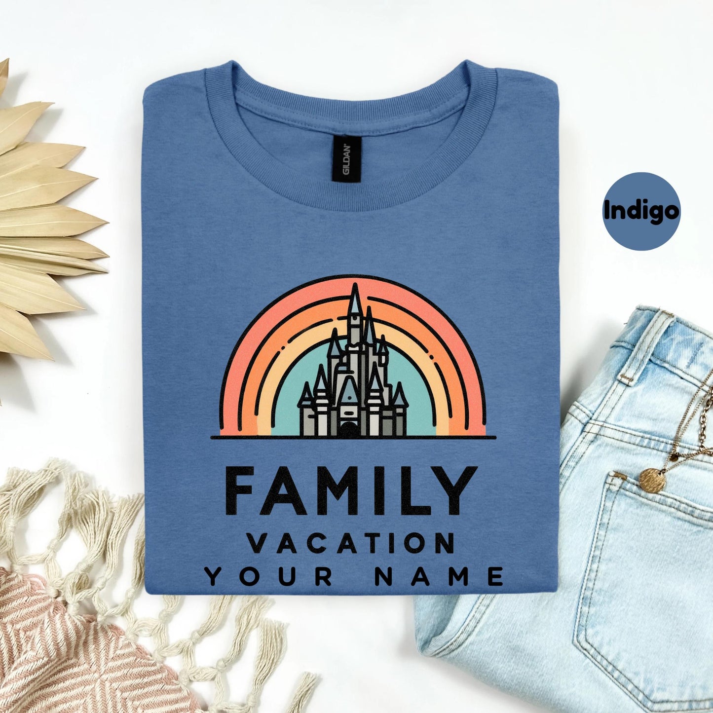 Custom Family Vacation Shirt with Castle, Retro Rainbow Matching Tees, Personalized Park Trip Outfits for Kids and Parents AA52