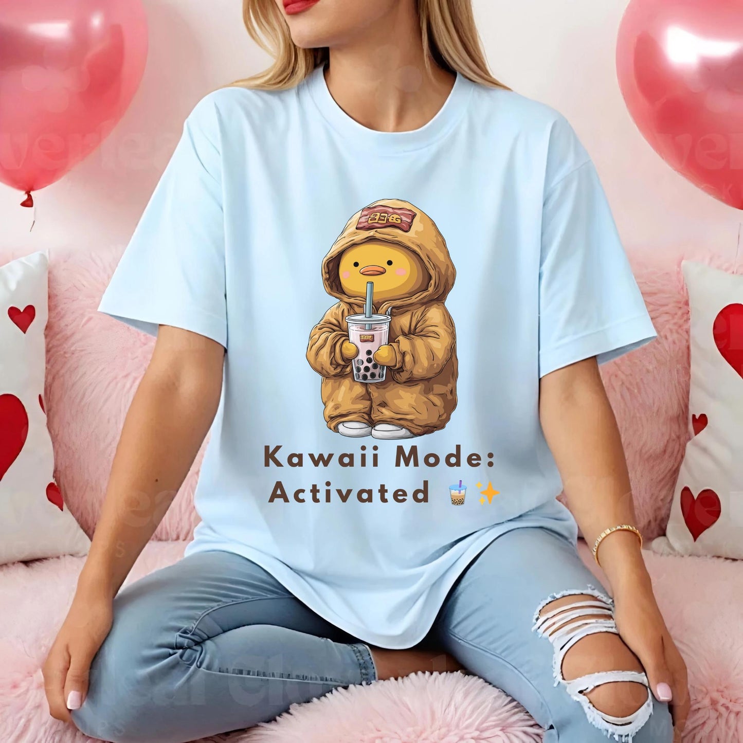 Cute Couple Boba Shirt - Cozy Duck in Hoodie Graphic Tee - Kawaii Mode Activated Funny Gift for Boyfriend or Girlfriend AA62