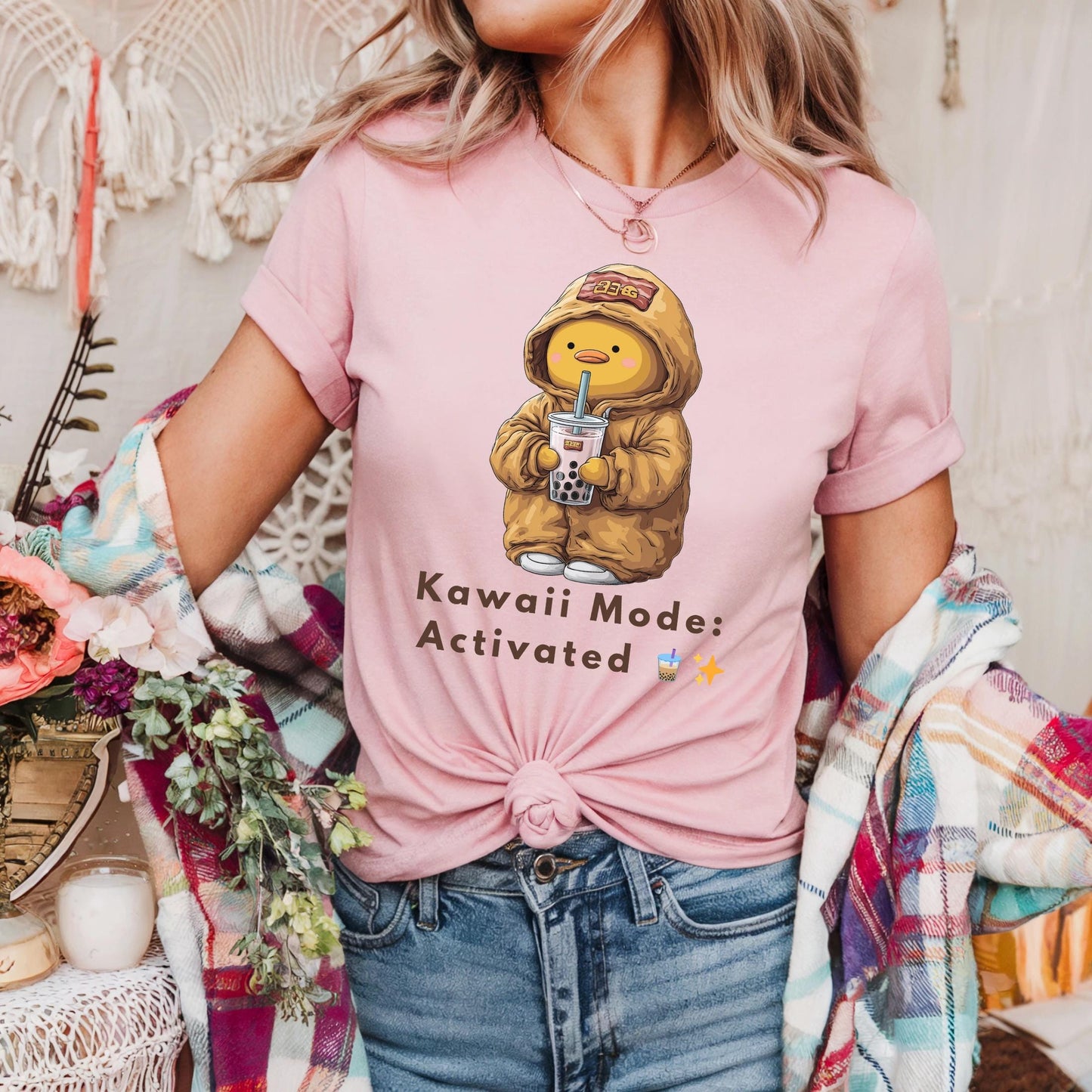 Cute Couple Boba Shirt - Cozy Duck in Hoodie Graphic Tee - Kawaii Mode Activated Funny Gift for Boyfriend or Girlfriend AA62