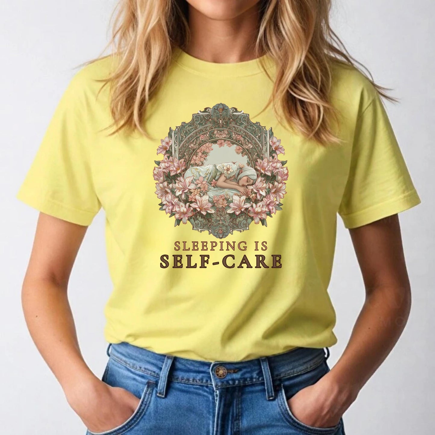 Floral Self-Care Shirt for Women - Sleeping Is Self Care Tee, Vintage Art Nouveau Graphic Tee, Rest Lover Gift Top AA64