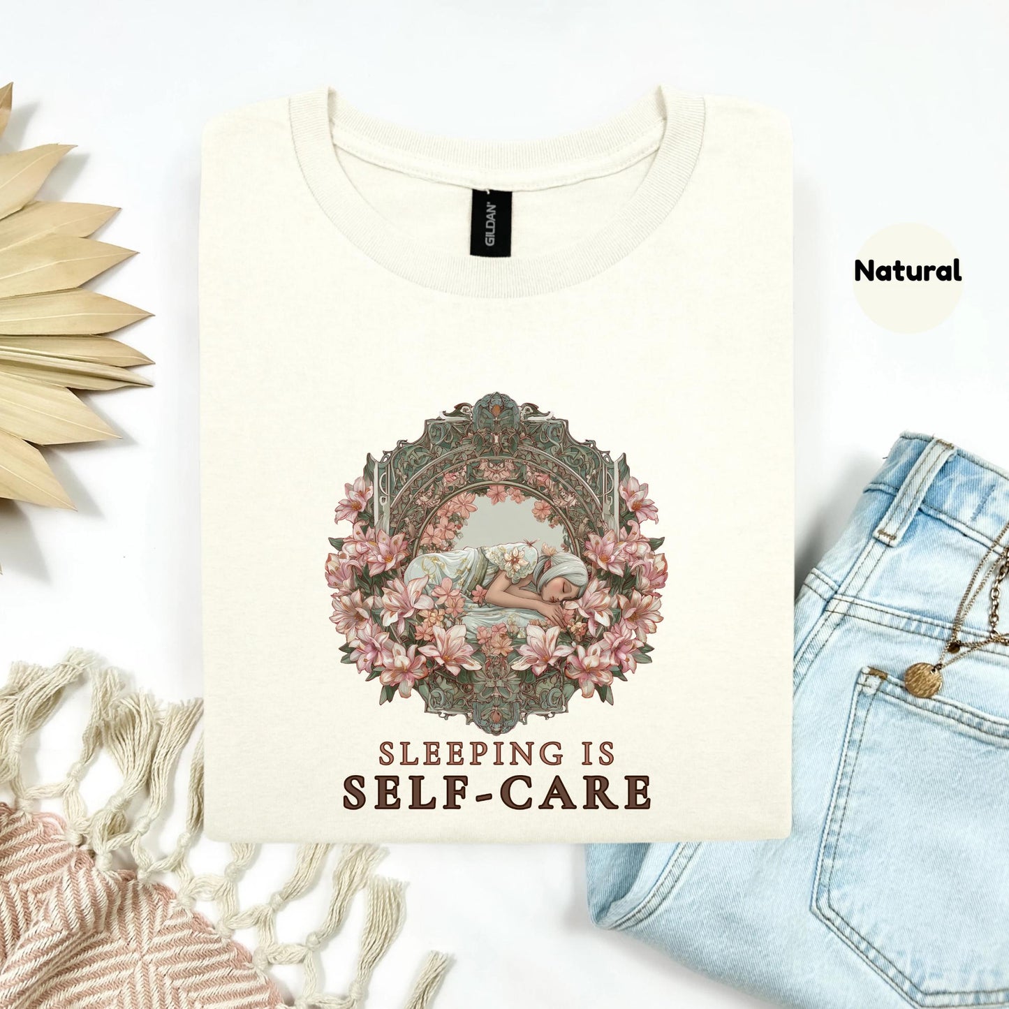 Floral Self-Care Shirt for Women - Sleeping Is Self Care Tee, Vintage Art Nouveau Graphic Tee, Rest Lover Gift Top AA64
