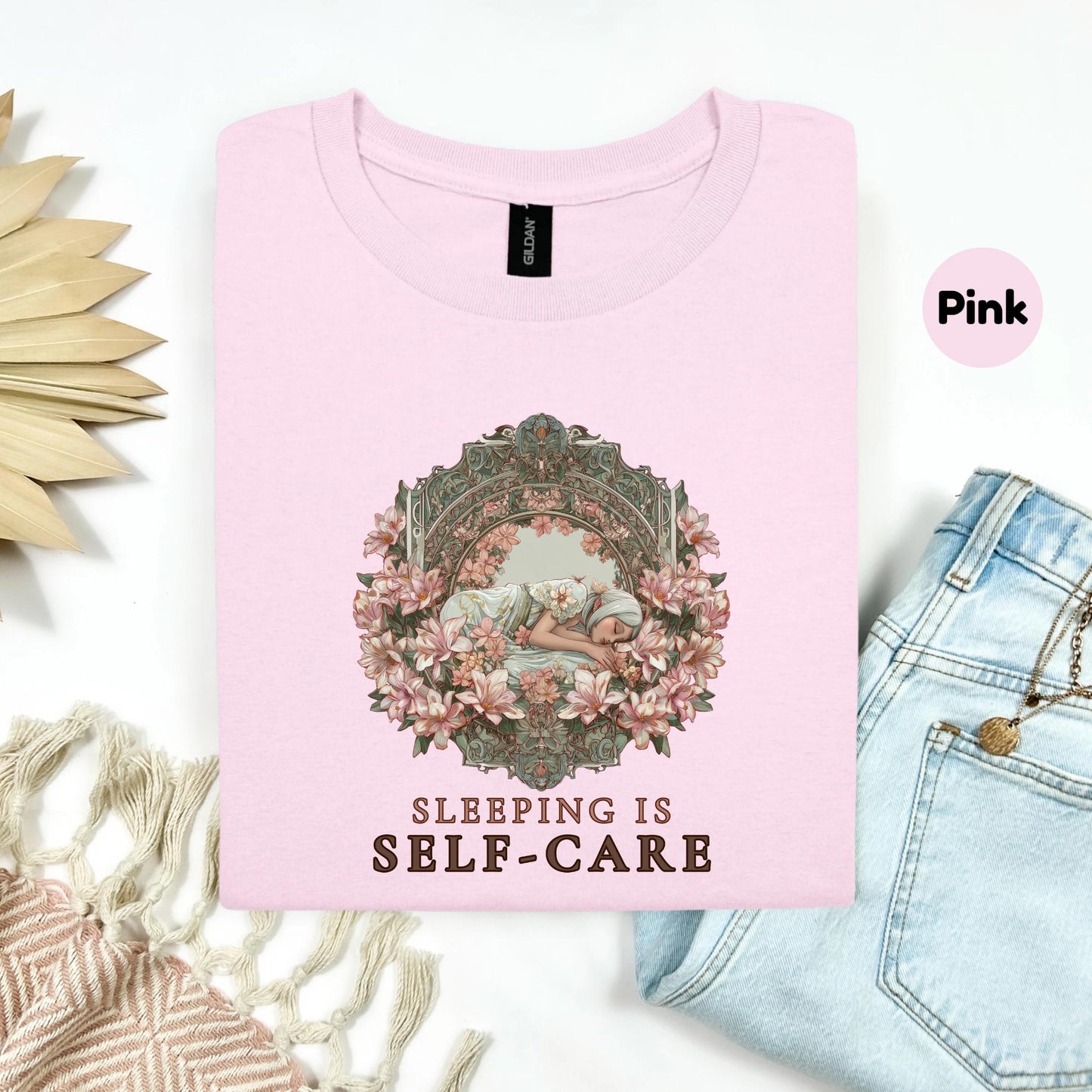Floral Self-Care Shirt for Women - Sleeping Is Self Care Tee, Vintage Art Nouveau Graphic Tee, Rest Lover Gift Top AA64
