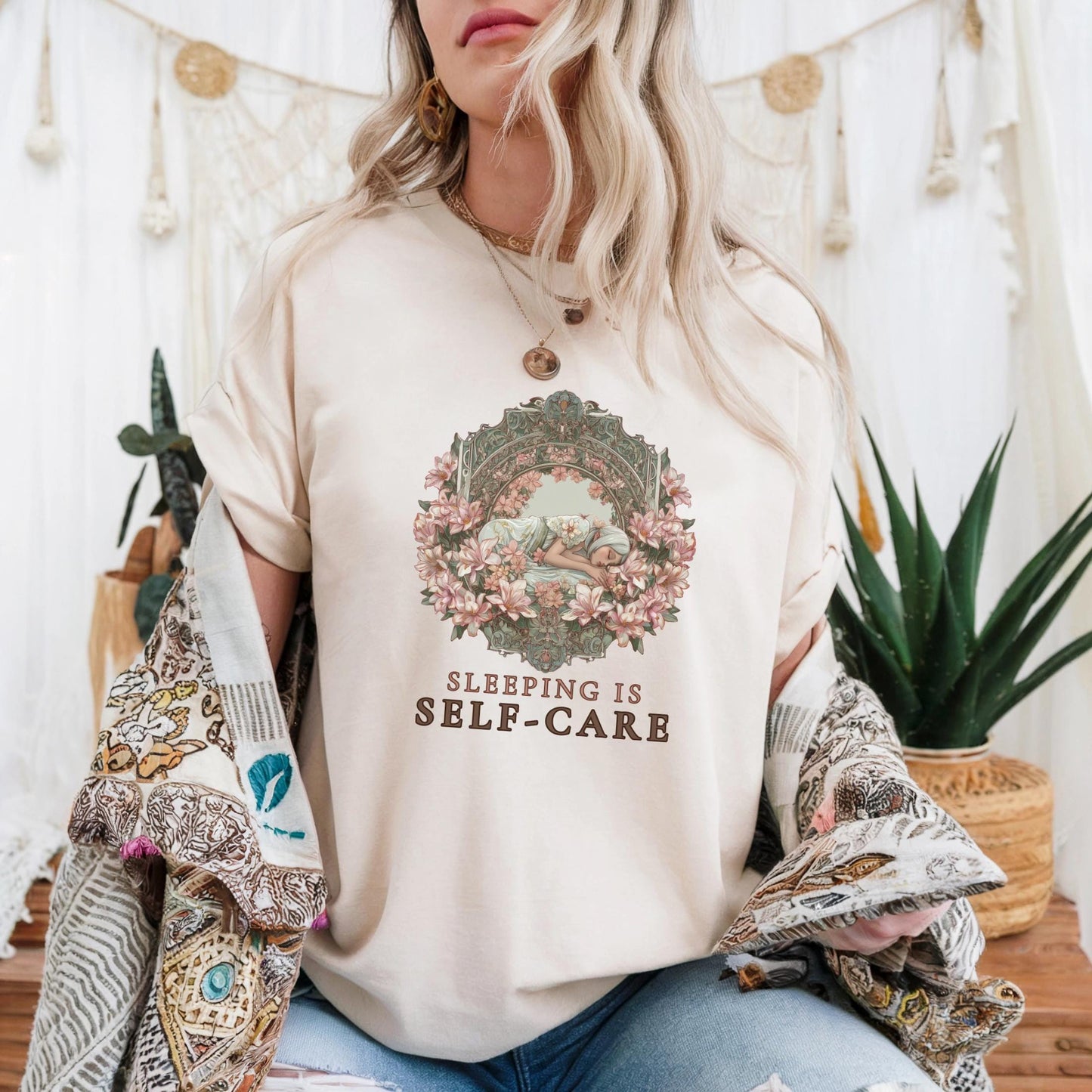 Floral Self-Care Shirt for Women - Sleeping Is Self Care Tee, Vintage Art Nouveau Graphic Tee, Rest Lover Gift Top AA64
