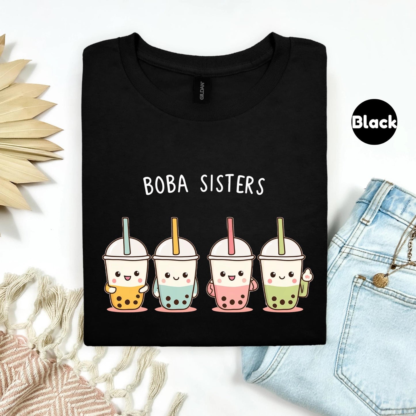 Boba Sisters Matching Shirt - Cute Bubble Tea Crew Tee for Girls, Kawaii Milk Tea Top, Funny Sister Gift Idea for Boba Lovers AA71