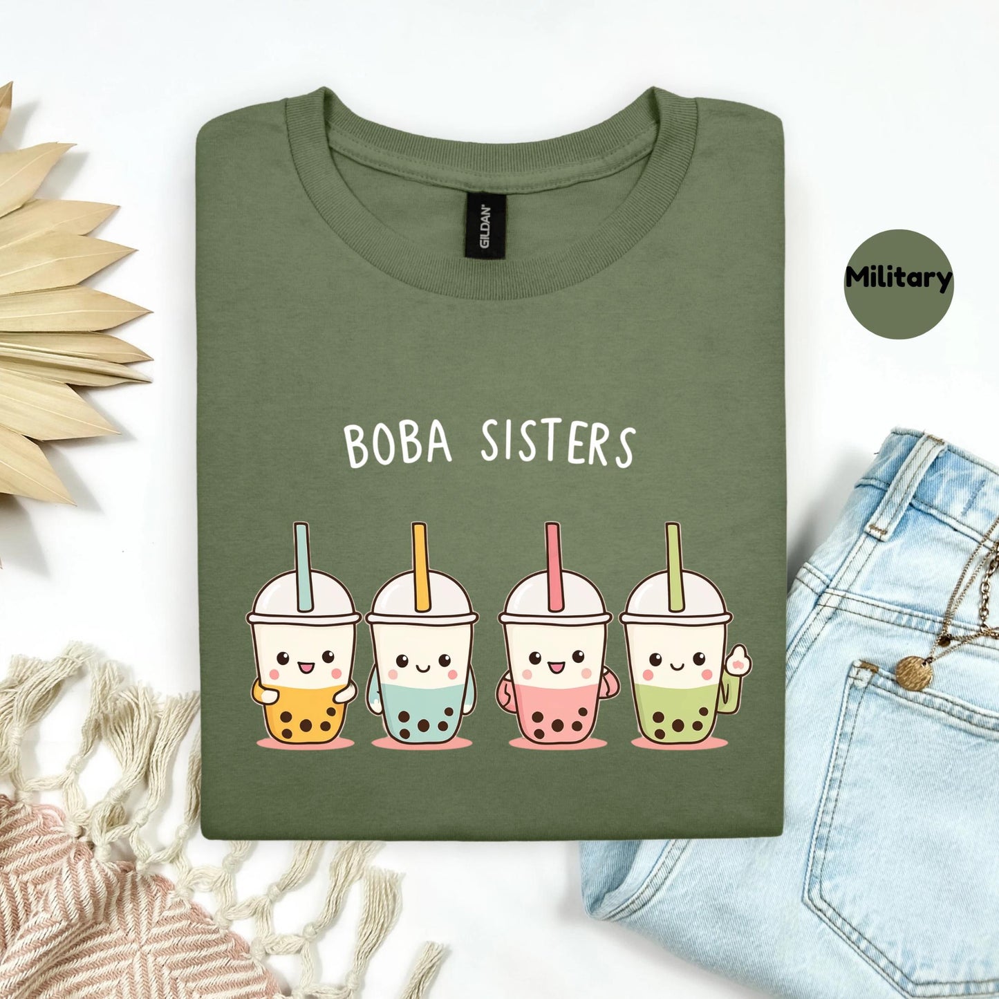 Boba Sisters Matching Shirt - Cute Bubble Tea Crew Tee for Girls, Kawaii Milk Tea Top, Funny Sister Gift Idea for Boba Lovers AA71