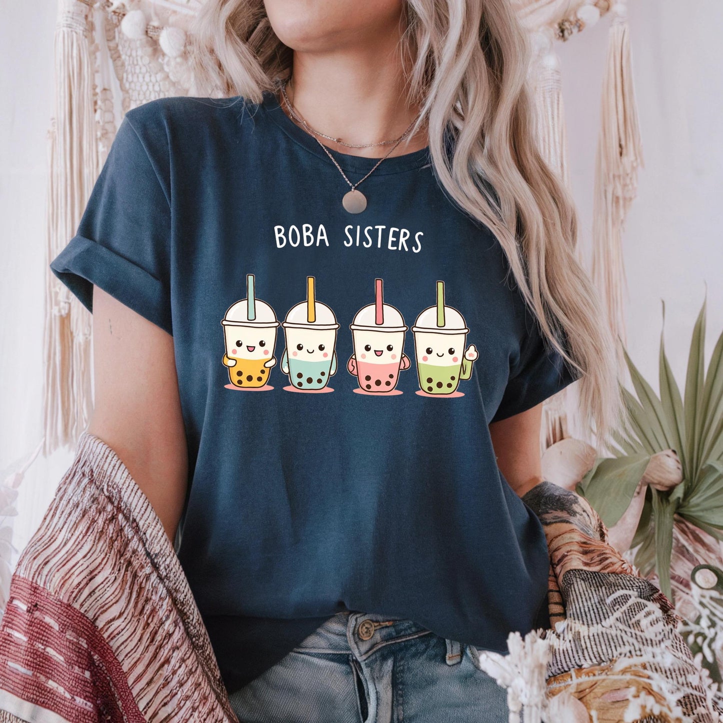 Boba Sisters Matching Shirt - Cute Bubble Tea Crew Tee for Girls, Kawaii Milk Tea Top, Funny Sister Gift Idea for Boba Lovers AA71