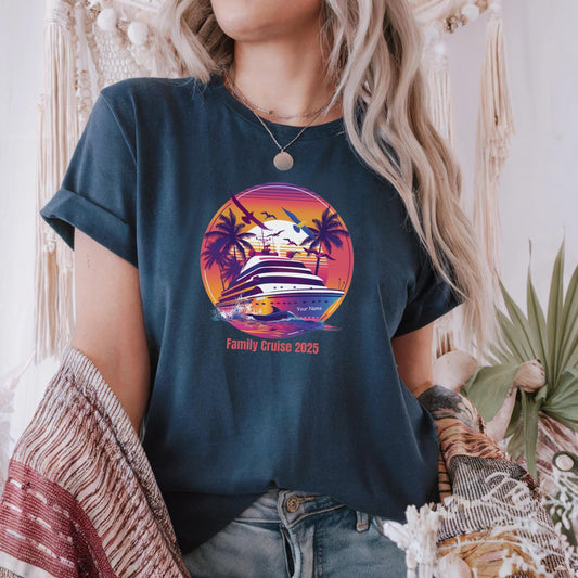 Personalized 2025 Cruise Shirt – Tropical Sunset Vacation Tee with Name – Gift for Cruise Lovers & Beach Trips