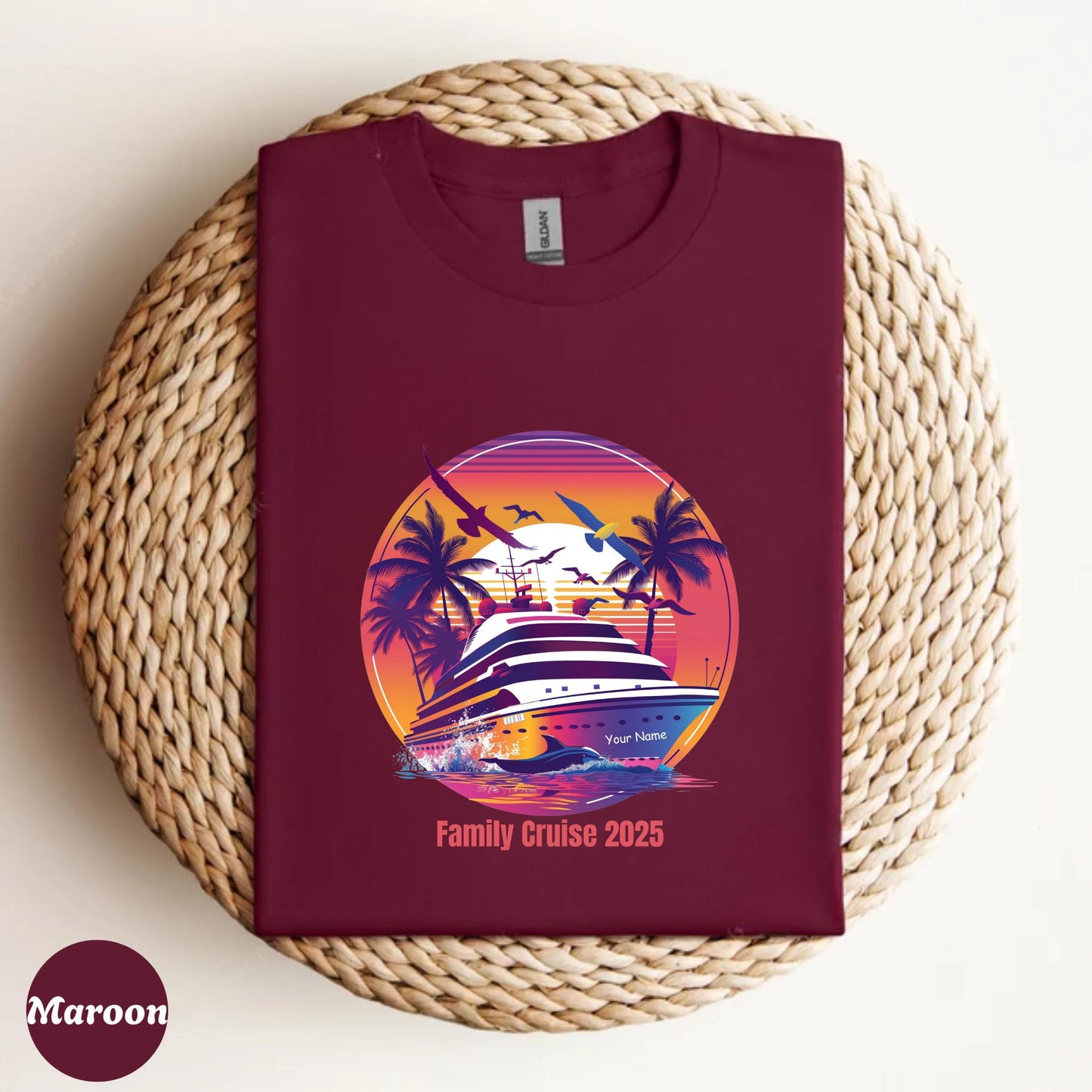 Personalized 2025 Cruise Shirt – Tropical Sunset Vacation Tee with Name – Gift for Cruise Lovers & Beach Trips