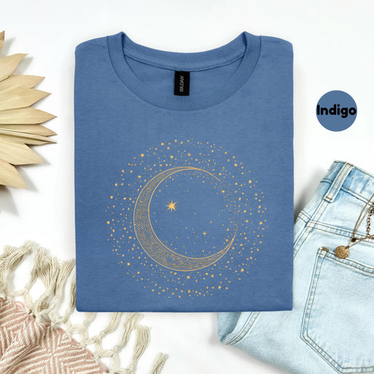 Mystic Moon Phase Shirt – Celestial Gold Crescent Moon Tee, Witchcore Spiritual Graphic T-Shirt for Women, Starry Night Top AA79