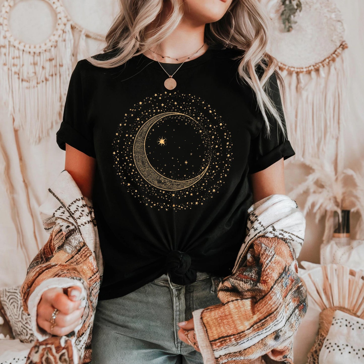 Mystic Moon Phase Shirt β Celestial Gold Crescent Moon Tee, Witchcore Spiritual Graphic T-Shirt for Women, Starry Night Top AA79
