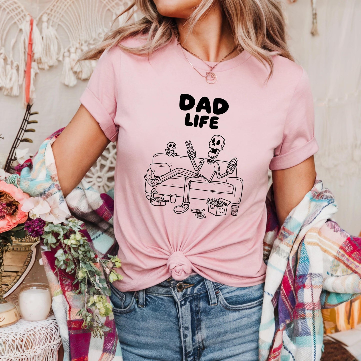 Retro Dad Life Skeleton Tee β Lazy Skeleton Father Graphic Shirt, Funny Pastel Gift for Cool Dads, Cartoon Line Art T-Shirt AA80