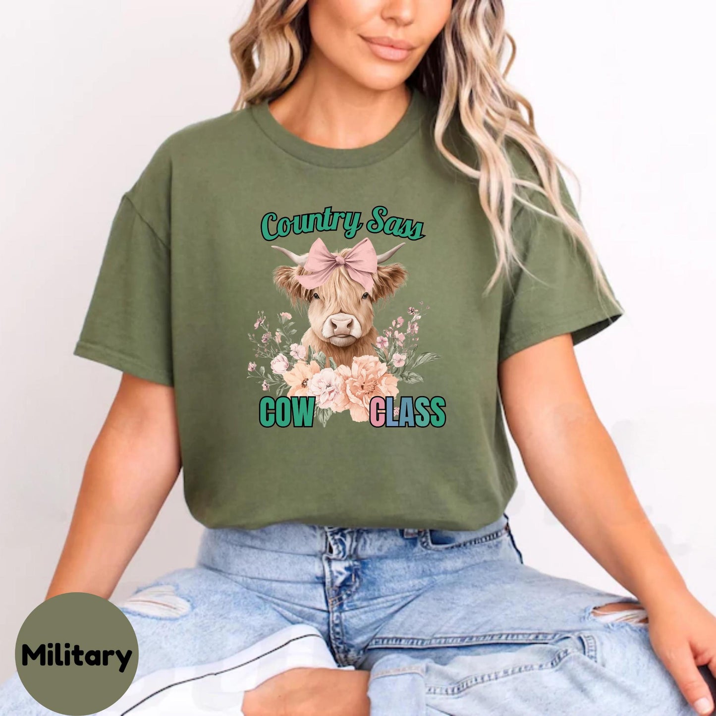 Funny Cow Sass T-Shirt โ Country Girl COW CLASS Graphic Tee, Highland Cow with Flowers, Cute Southern Farm Life Shirt AA84