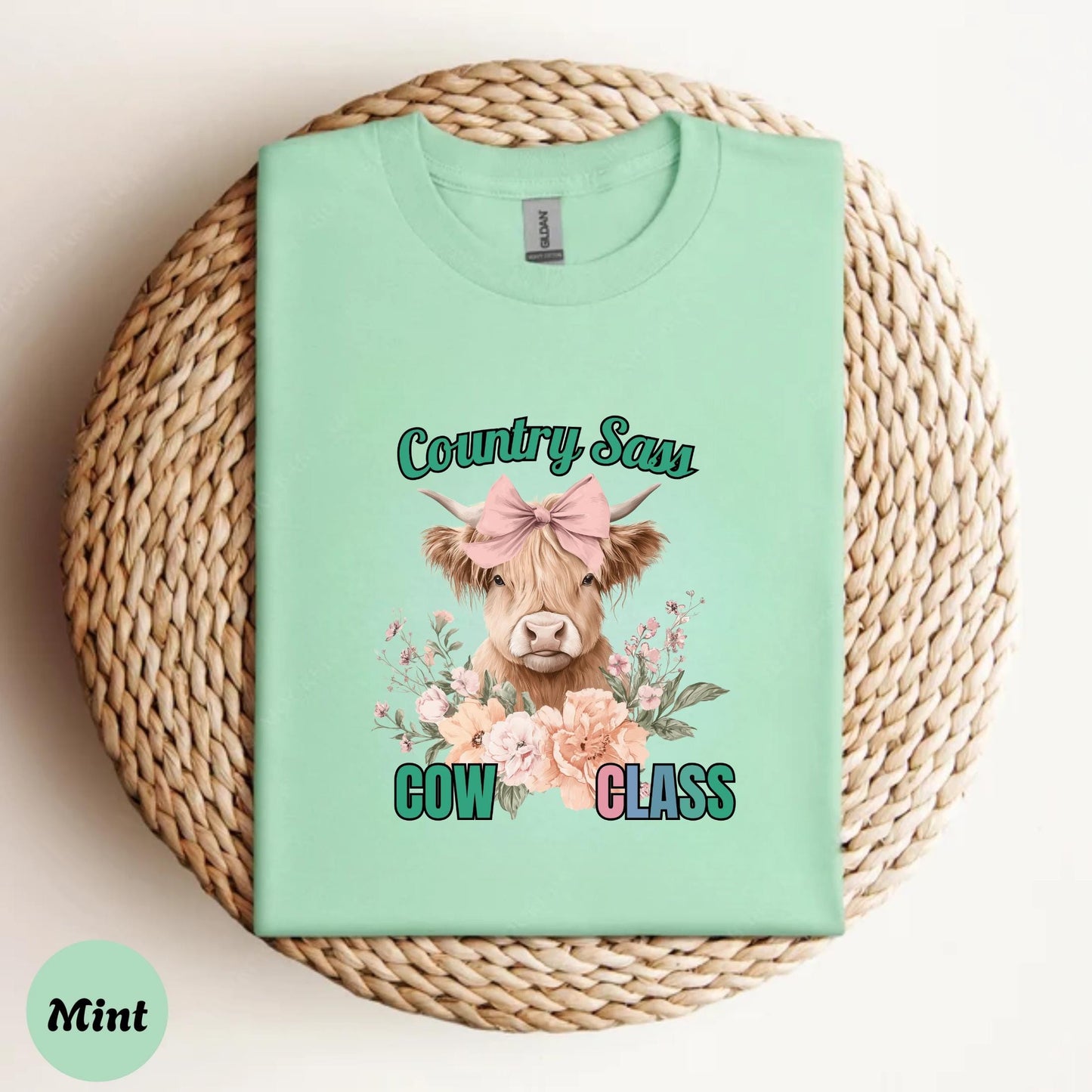 Funny Cow Sass T-Shirt โ Country Girl COW CLASS Graphic Tee, Highland Cow with Flowers, Cute Southern Farm Life Shirt AA84