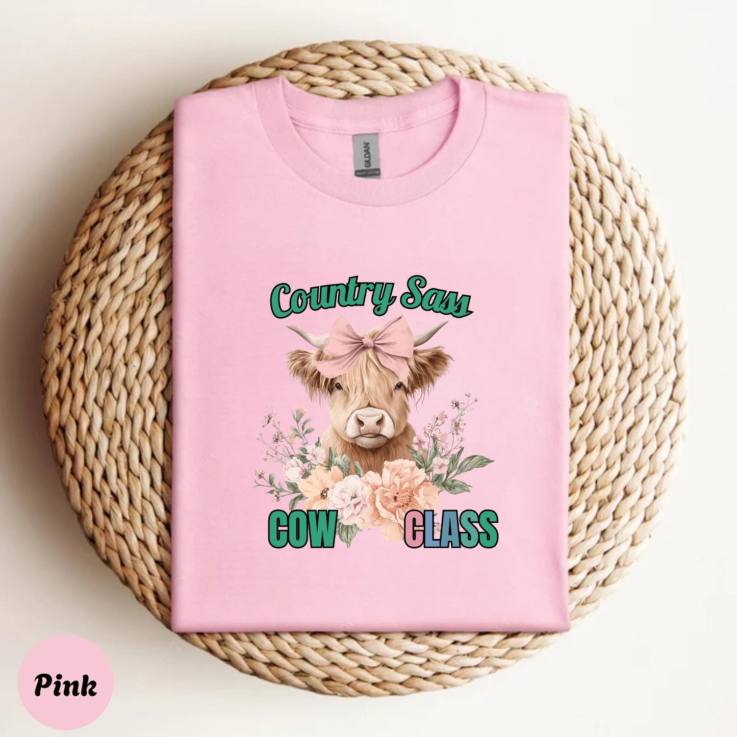 Funny Cow Sass T-Shirt โ Country Girl COW CLASS Graphic Tee, Highland Cow with Flowers, Cute Southern Farm Life Shirt AA84