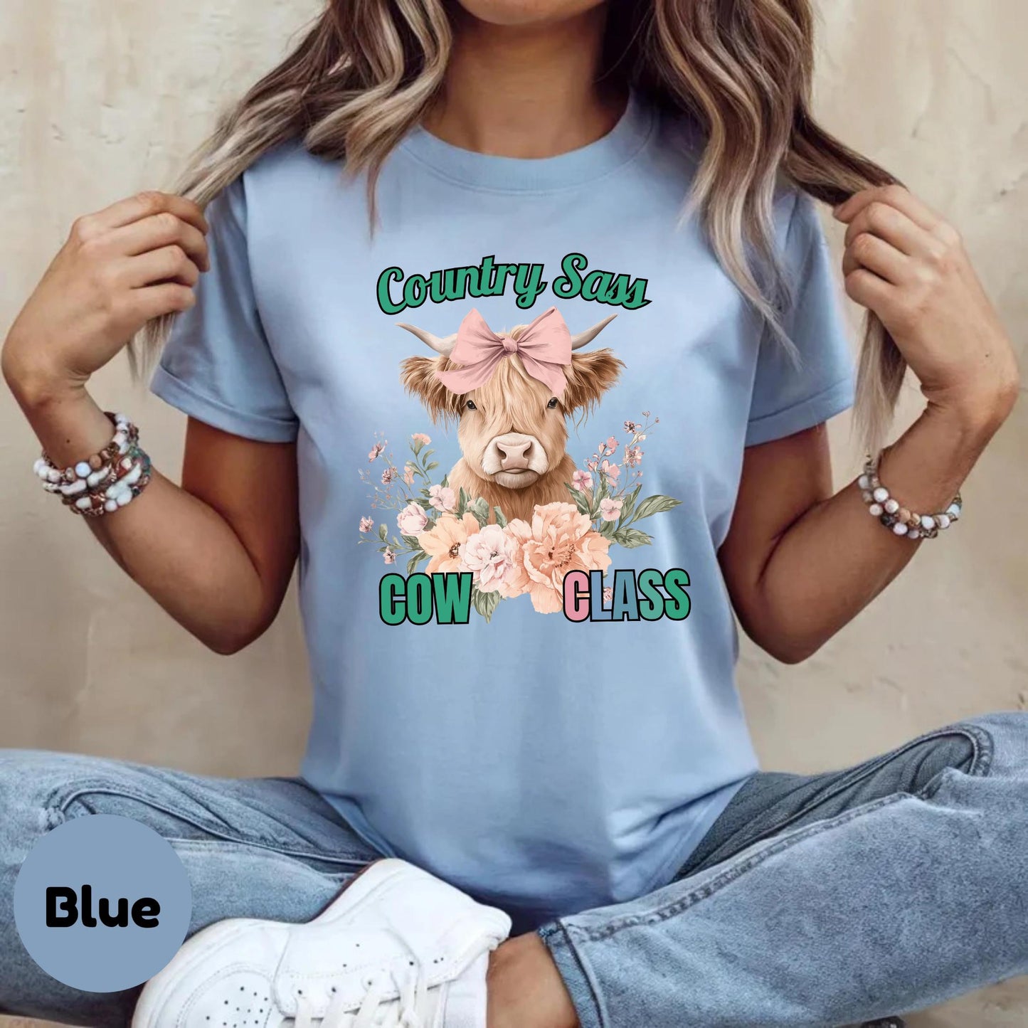 Funny Cow Sass T-Shirt โ Country Girl COW CLASS Graphic Tee, Highland Cow with Flowers, Cute Southern Farm Life Shirt AA84