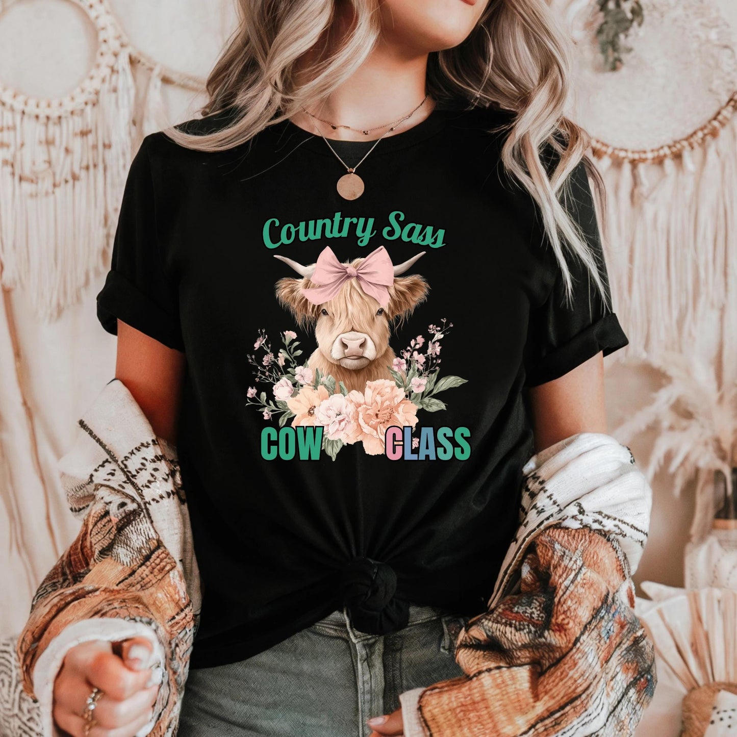 Funny Cow Sass T-Shirt โ Country Girl COW CLASS Graphic Tee, Highland Cow with Flowers, Cute Southern Farm Life Shirt AA84