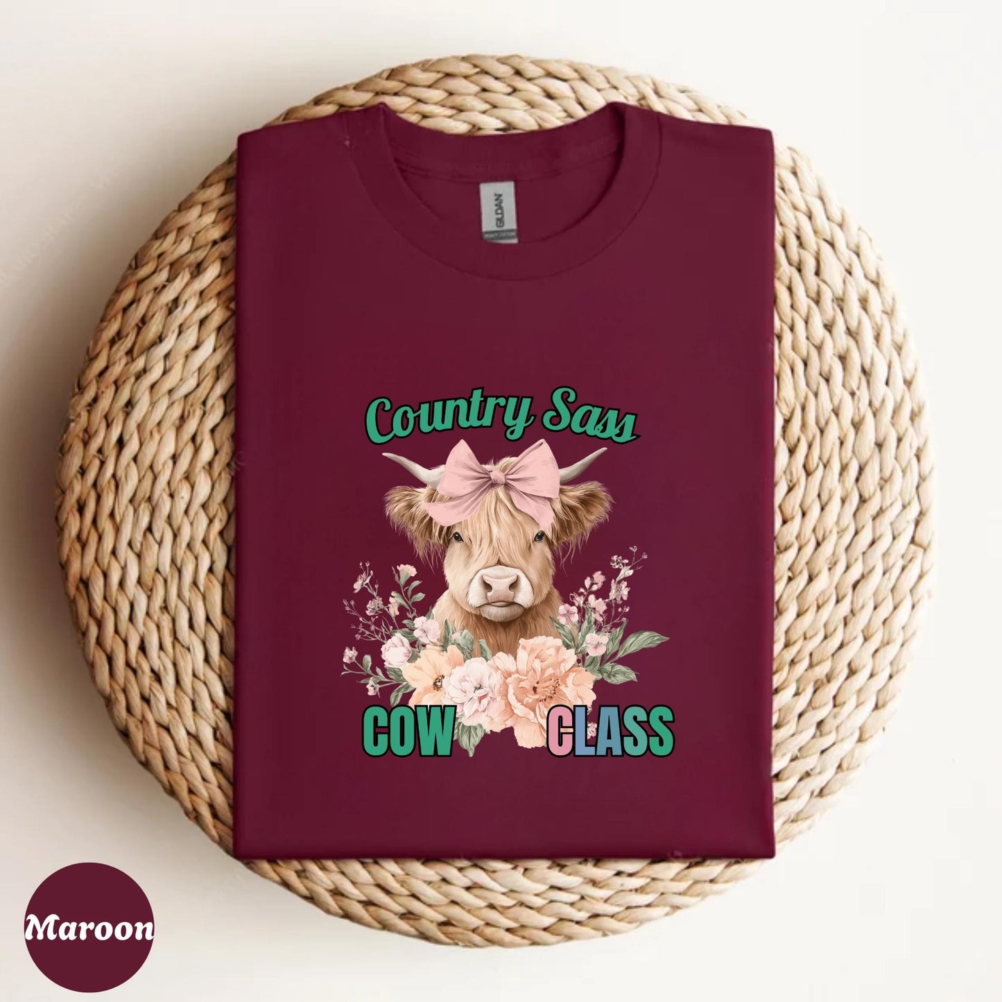 Funny Cow Sass T-Shirt โ Country Girl COW CLASS Graphic Tee, Highland Cow with Flowers, Cute Southern Farm Life Shirt AA84
