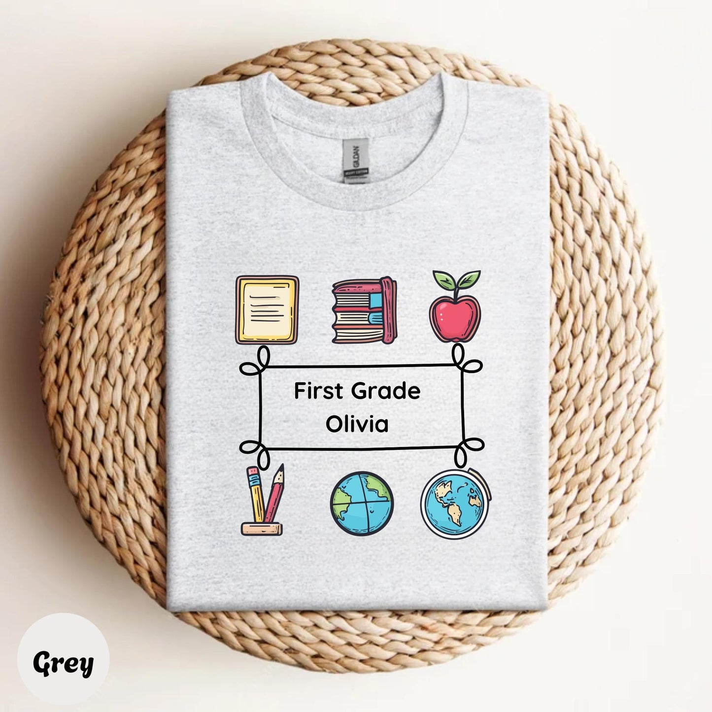 Back to School Custom Name Shirt – Fun Grade Level Tee with Cartoon School Icons | Cute Gift for Teacher, Girl or Student
