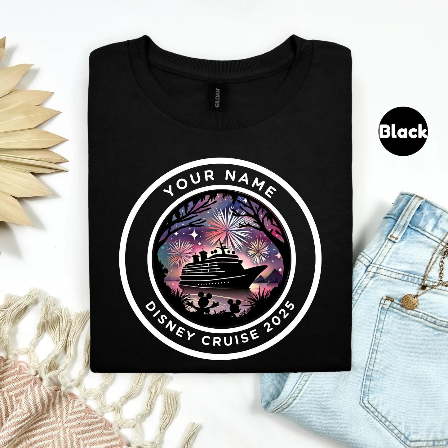 Personalized Disney Cruise Shirt 2025 – Custom Family Vacation Tee with Fireworks & Ship Graphic | Matching Cruise Group Shirt
