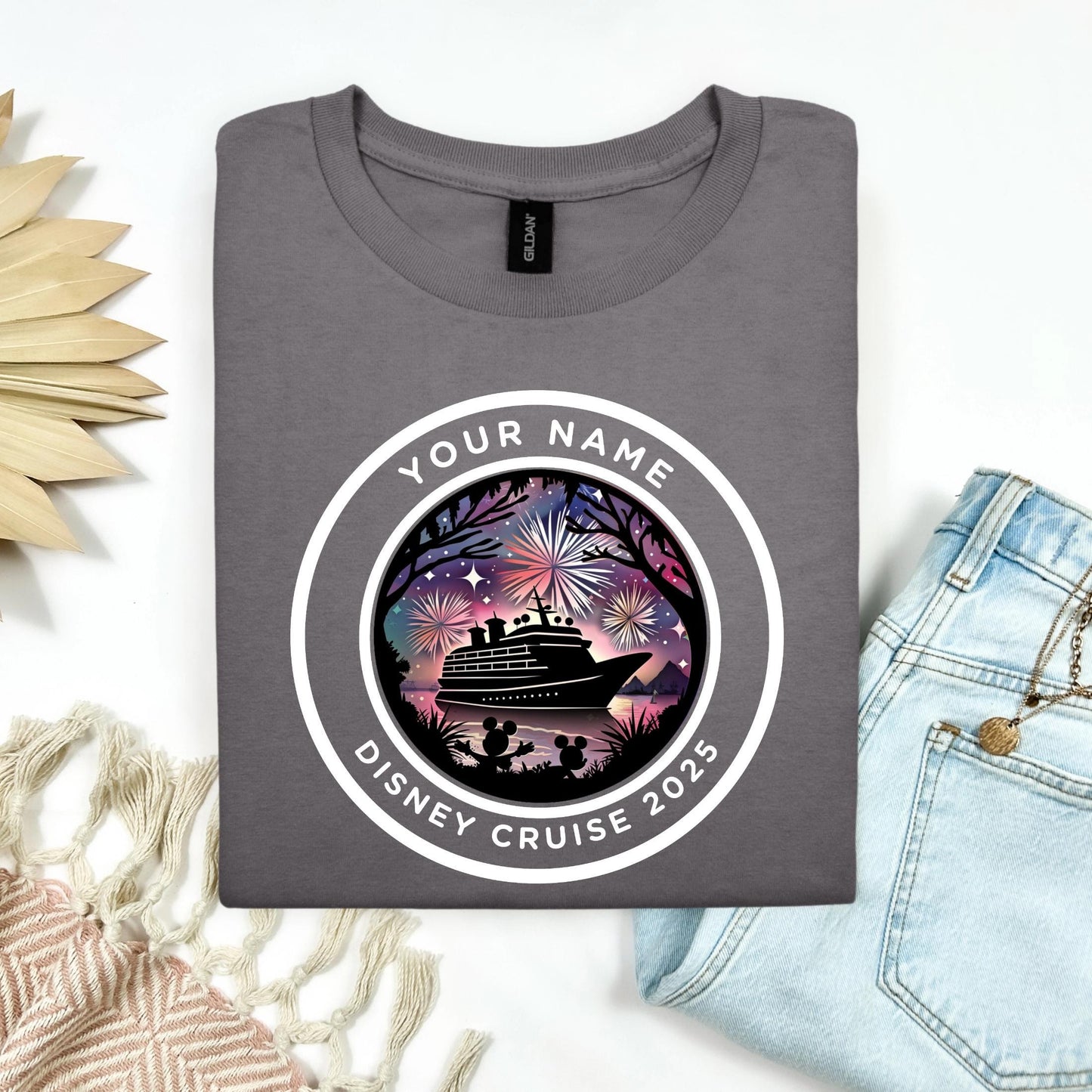 Personalized Disney Cruise Shirt 2025 – Custom Family Vacation Tee with Fireworks & Ship Graphic | Matching Cruise Group Shirt