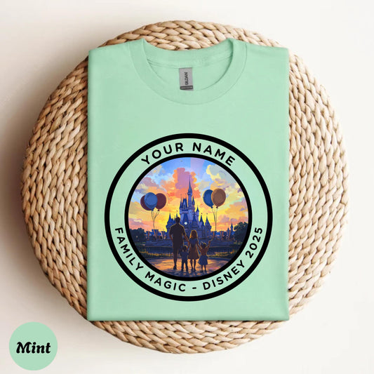 Romantic Disney Castle Shirt – Custom Sunset Theme Park Tee for Couples 2025 – Personalized Matching Vacation Outfit