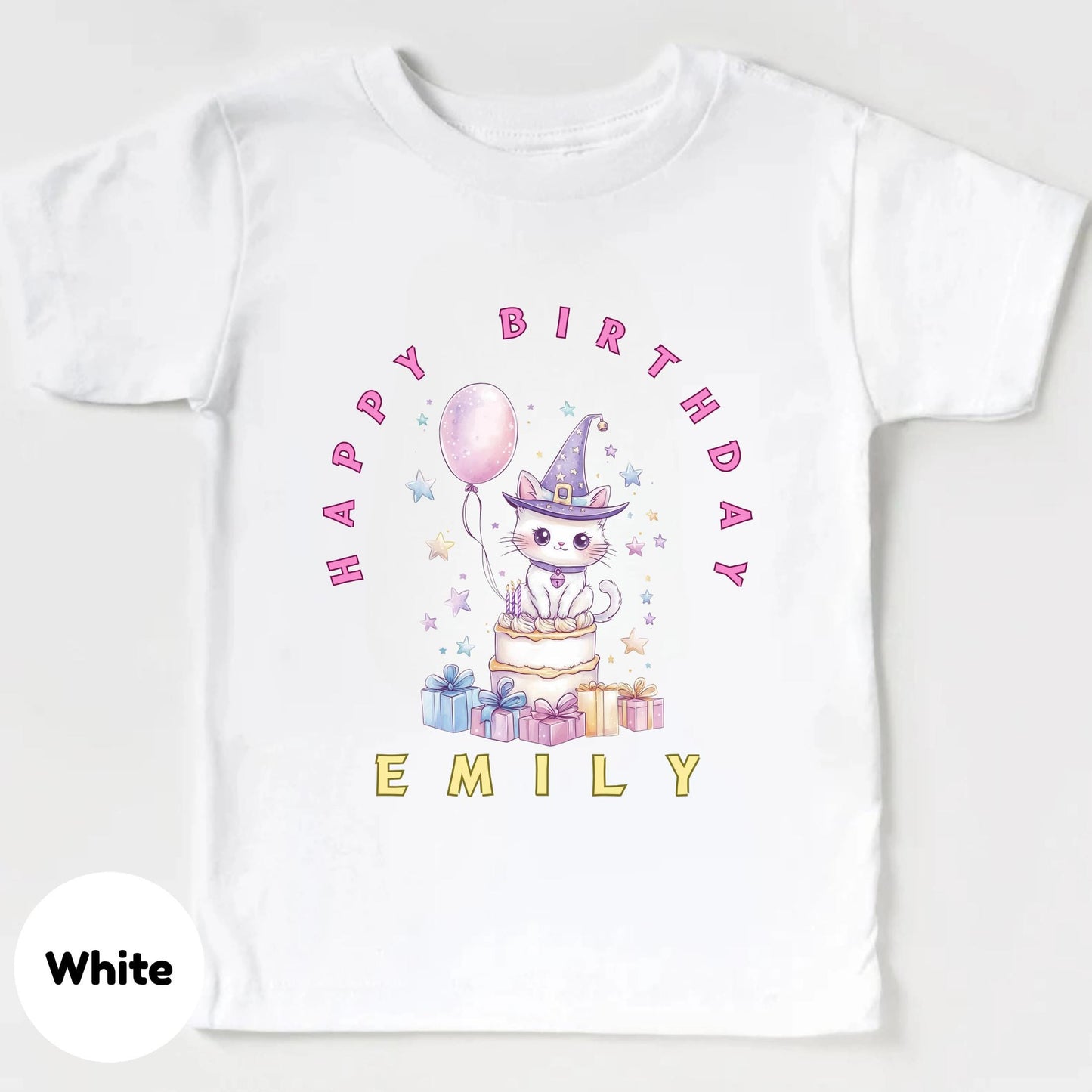 Magical Cat Birthday Shirt for Girls – Personalized Toddler Tee with Cute Cake & Gifts