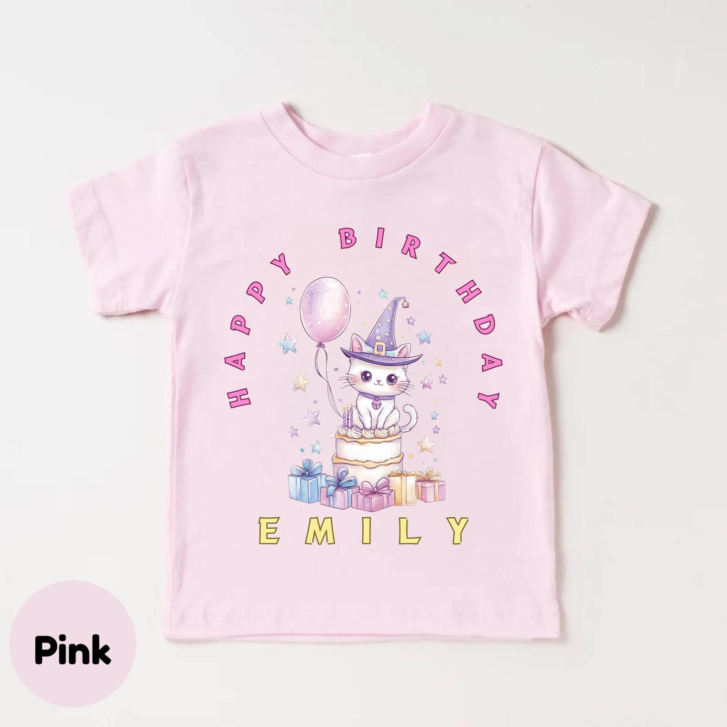 Magical Cat Birthday Shirt for Girls – Personalized Toddler Tee with Cute Cake & Gifts