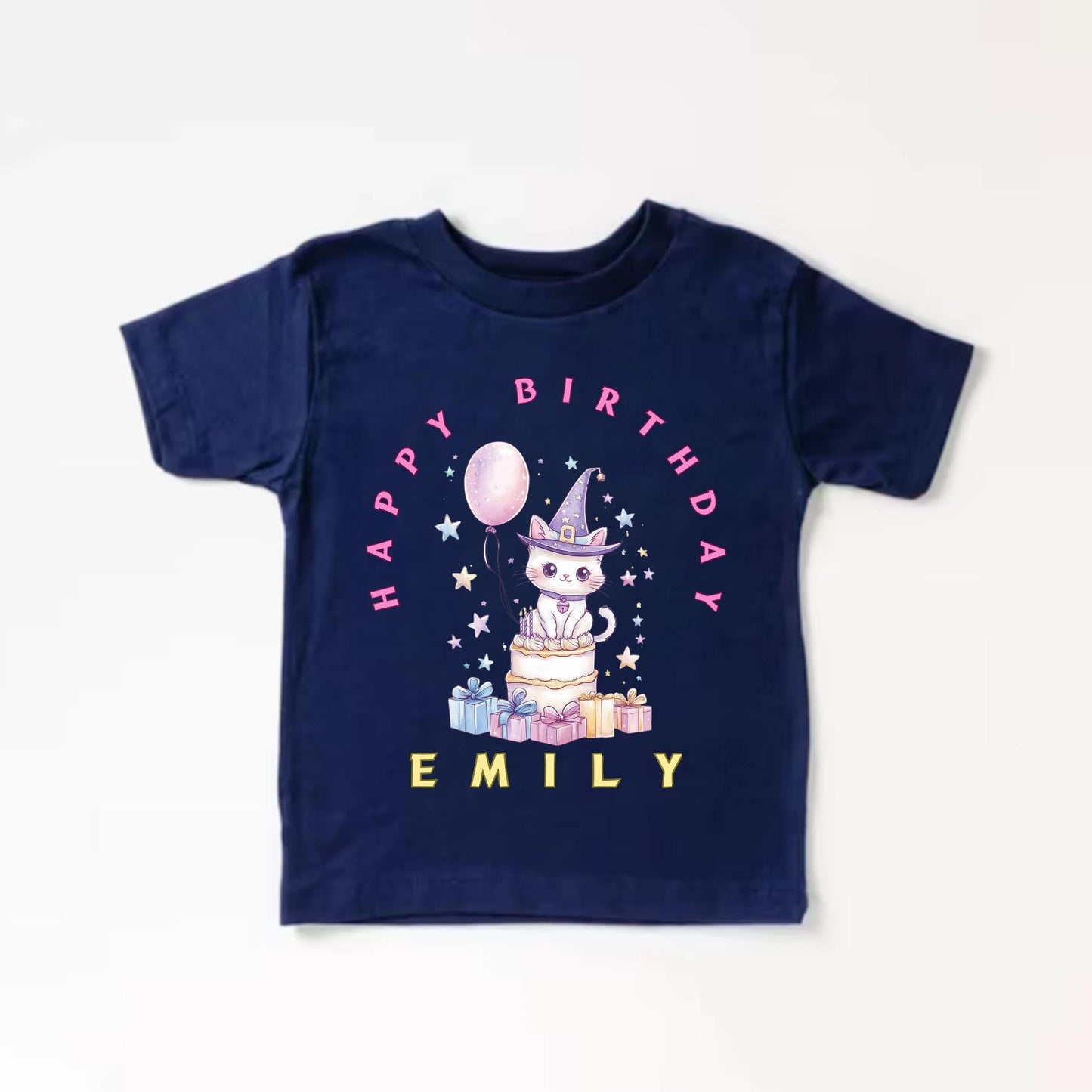 Magical Cat Birthday Shirt for Girls – Personalized Toddler Tee with Cute Cake & Gifts
