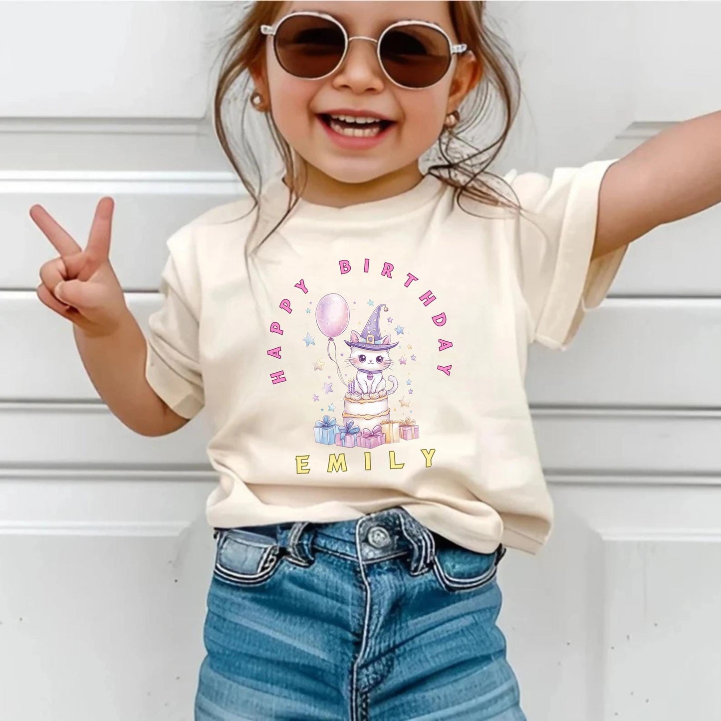 Magical Cat Birthday Shirt for Girls – Personalized Toddler Tee with Cute Cake & Gifts