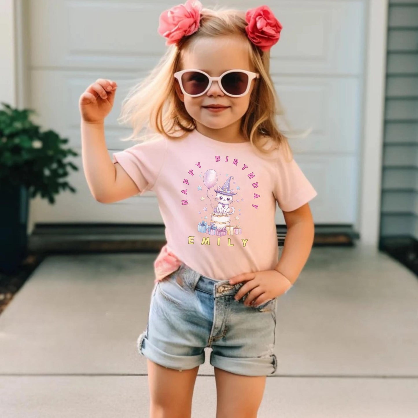 Magical Cat Birthday Shirt for Girls – Personalized Toddler Tee with Cute Cake & Gifts
