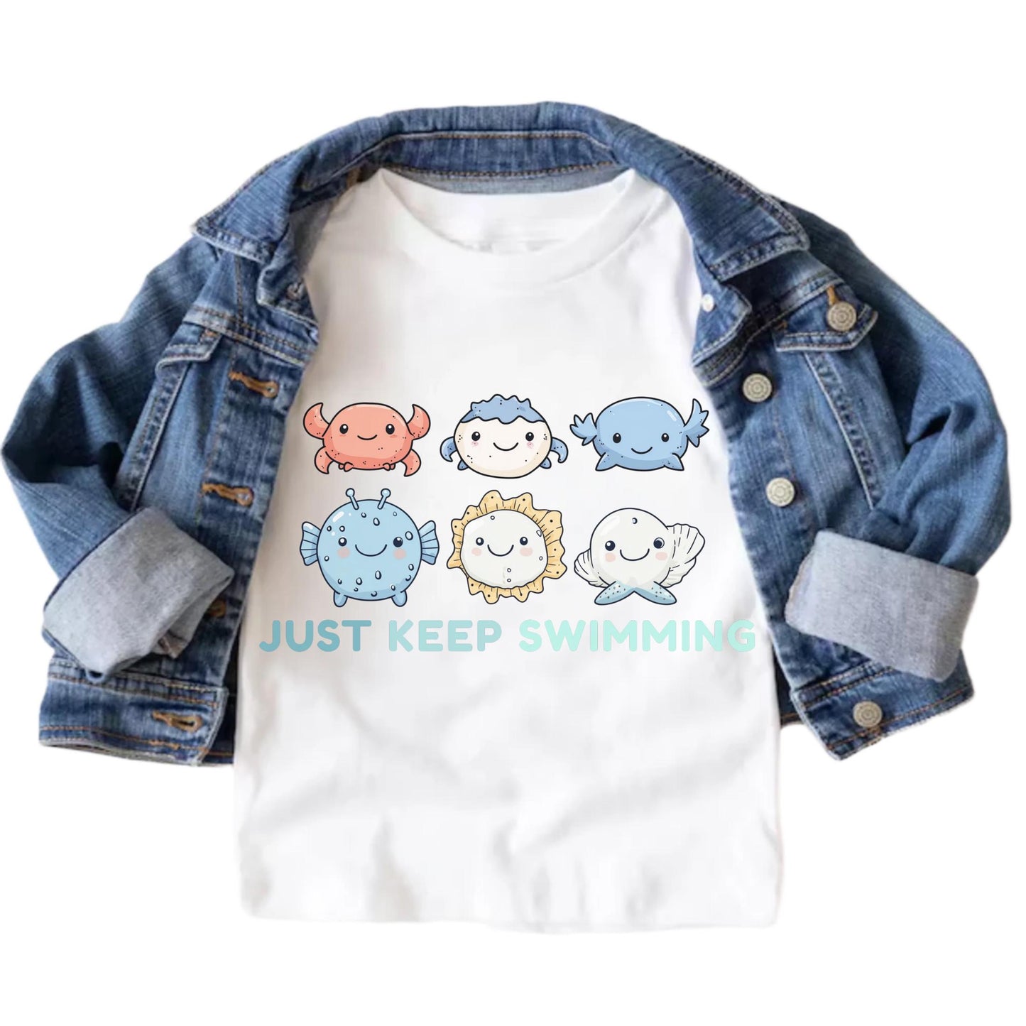 Just Keep Swimming Shirt for Kids,Inspirational Toddler Ocean Tee,Cute Kawaii Sea Creatures Shirt,Axolotl Birthday Top - Unisex Summer Tee