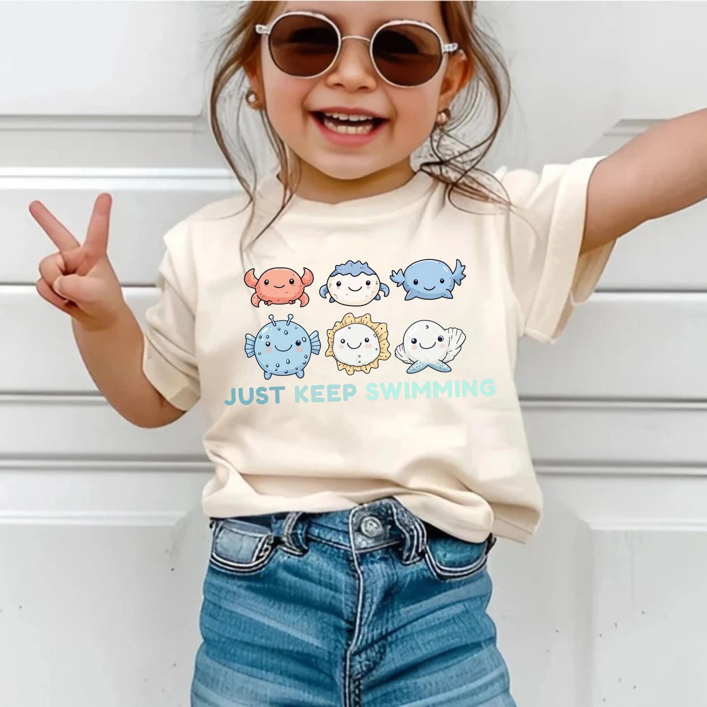 Just Keep Swimming Shirt for Kids,Inspirational Toddler Ocean Tee,Cute Kawaii Sea Creatures Shirt,Axolotl Birthday Top - Unisex Summer Tee