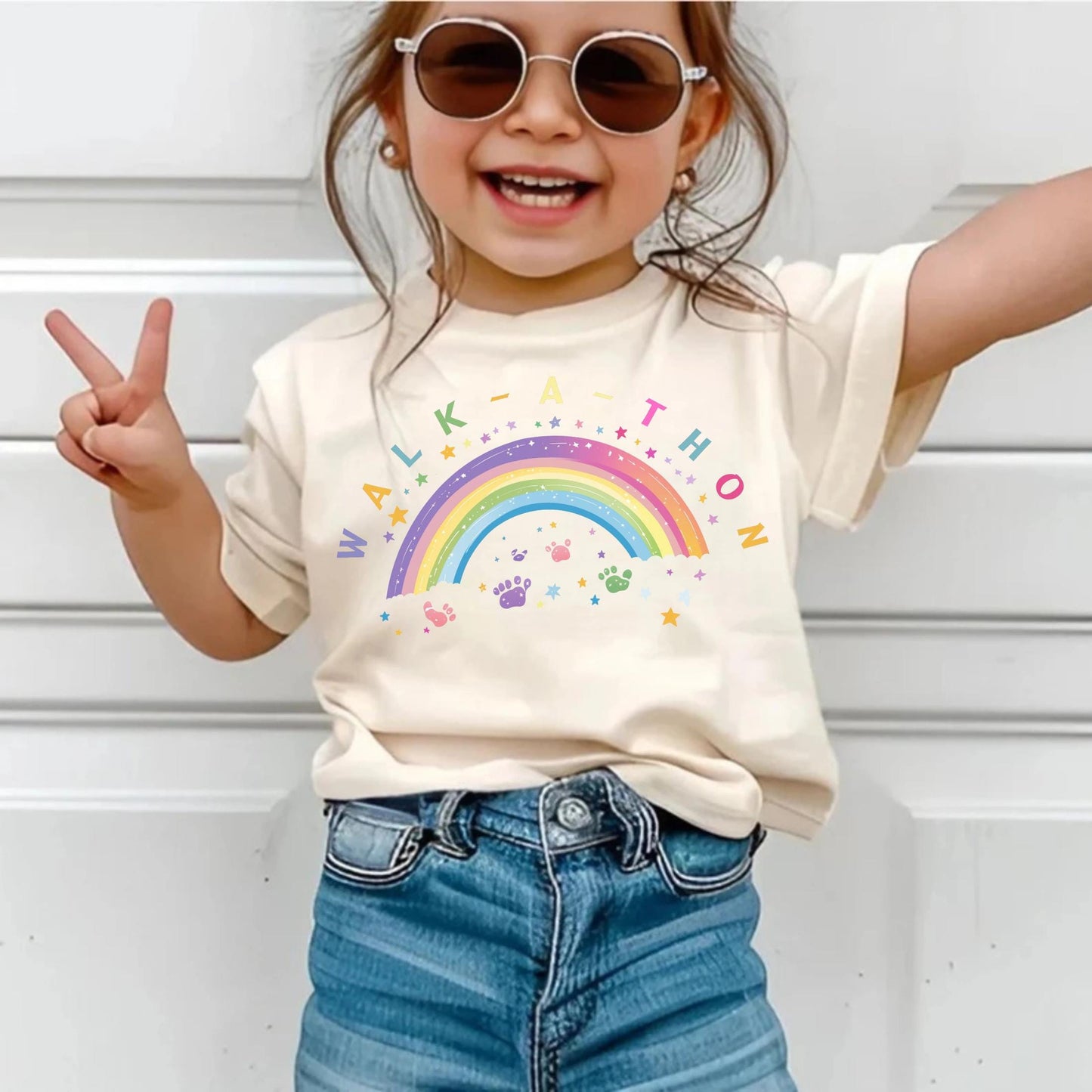Custom Rainbow Walkathon Shirt for Kids - Pastel Footprint Walk-a-thon Tee - Preschool Field Day Shirt - Toddler Fun Run Shirt