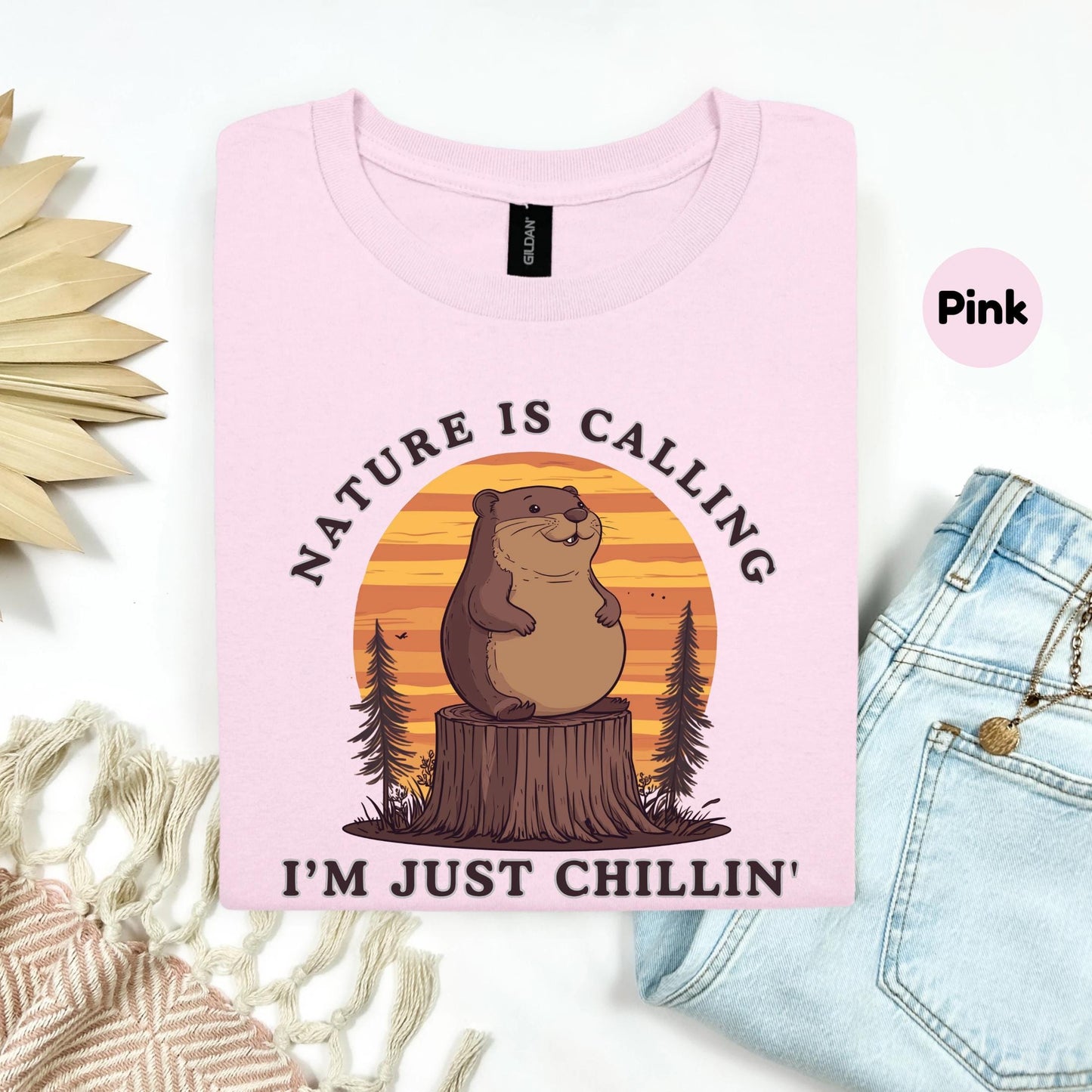 Nature Is Calling Funny Groundhog Shirt β Retro Animal Camping Tee for Hikers, Chillers & Wildlife Lovers Gift