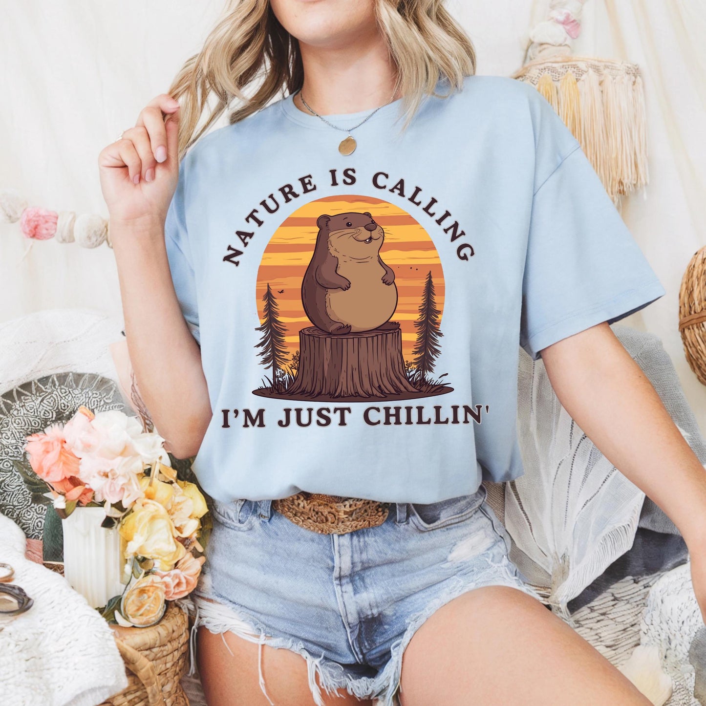 Nature Is Calling Funny Groundhog Shirt β Retro Animal Camping Tee for Hikers, Chillers & Wildlife Lovers Gift
