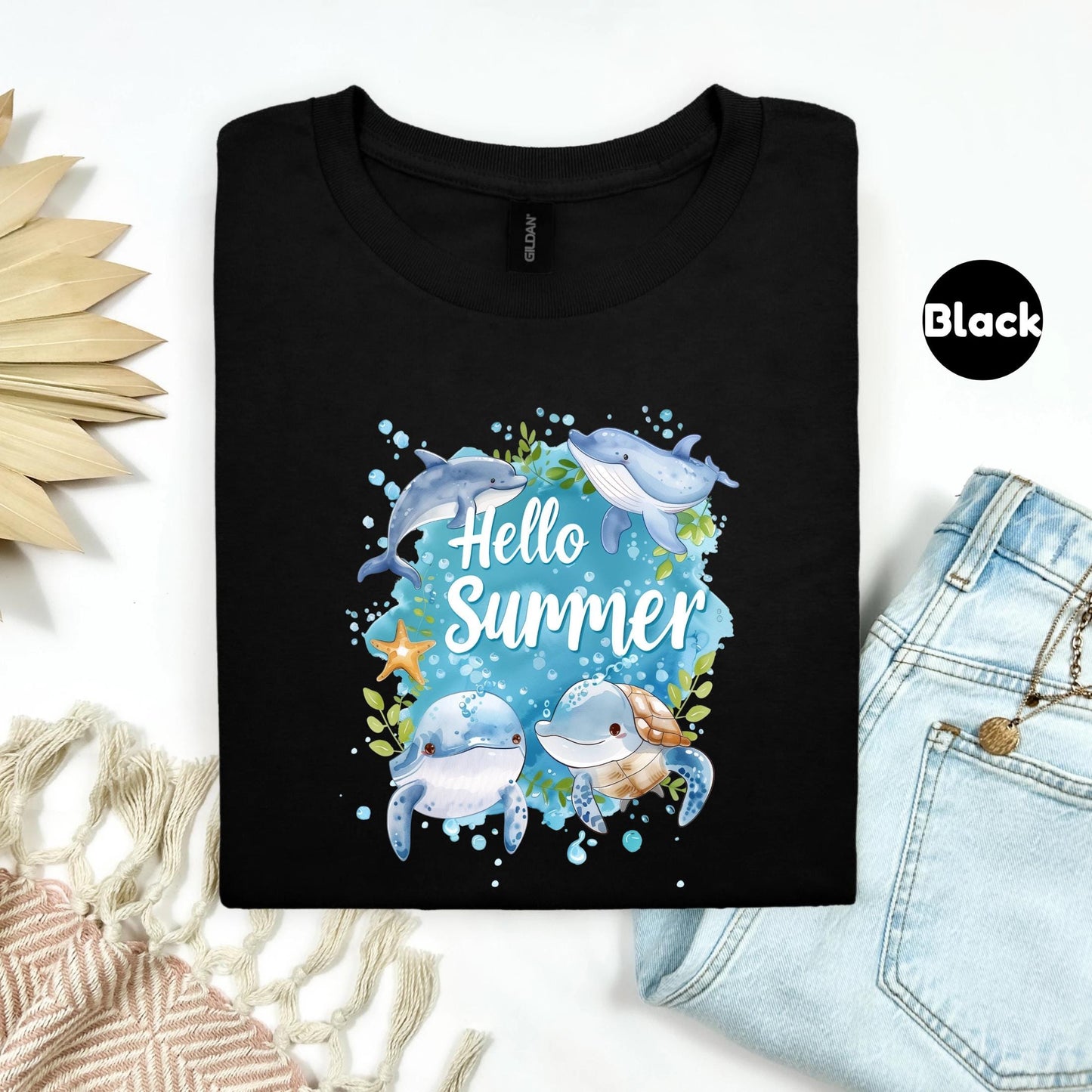 Hello Summer Ocean Tee - Eco Friendly Sea Life Shirt with Dolphins, Whales, Starfish, Women’s Casual Coastal Top AA95