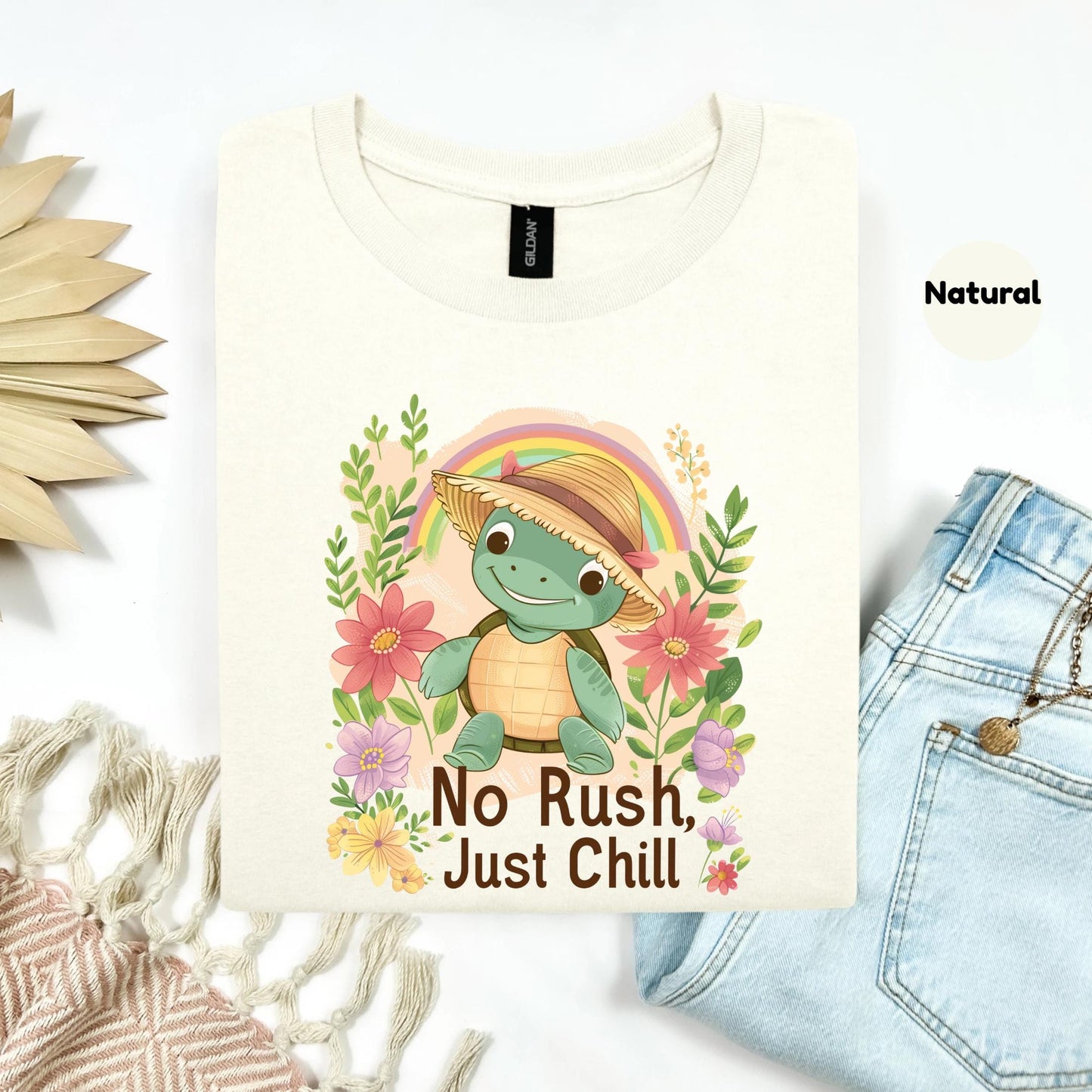 Kids Turtle Summer Shirt - No Rush Just Chill Quote Tee, Pastel Animal Toddler T Shirt, Kawaii Beach Slow Life Gift AA98