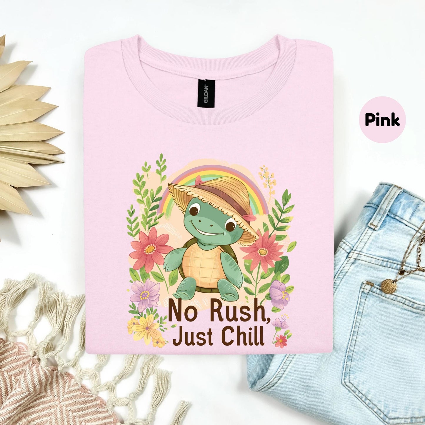 Kids Turtle Summer Shirt - No Rush Just Chill Quote Tee, Pastel Animal Toddler T Shirt, Kawaii Beach Slow Life Gift AA98